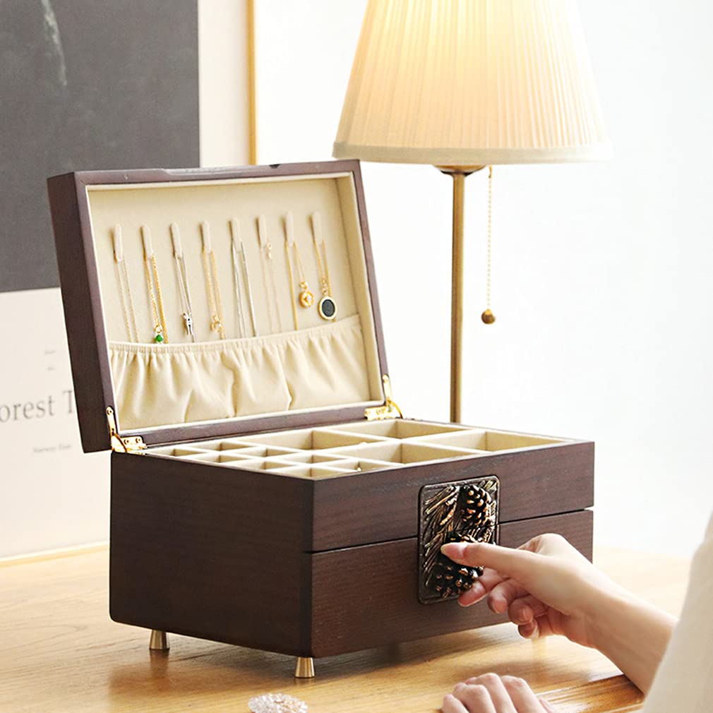 Wooden Jewelry Organizer Box for Women - 2-Layer Jewelry Display Case with Drawer, Desktop Jewelry Storage Box for Necklaces, Bracelets, Rings & Watches | Perfect for Bedroom Vanity, Travel & Gift Giving