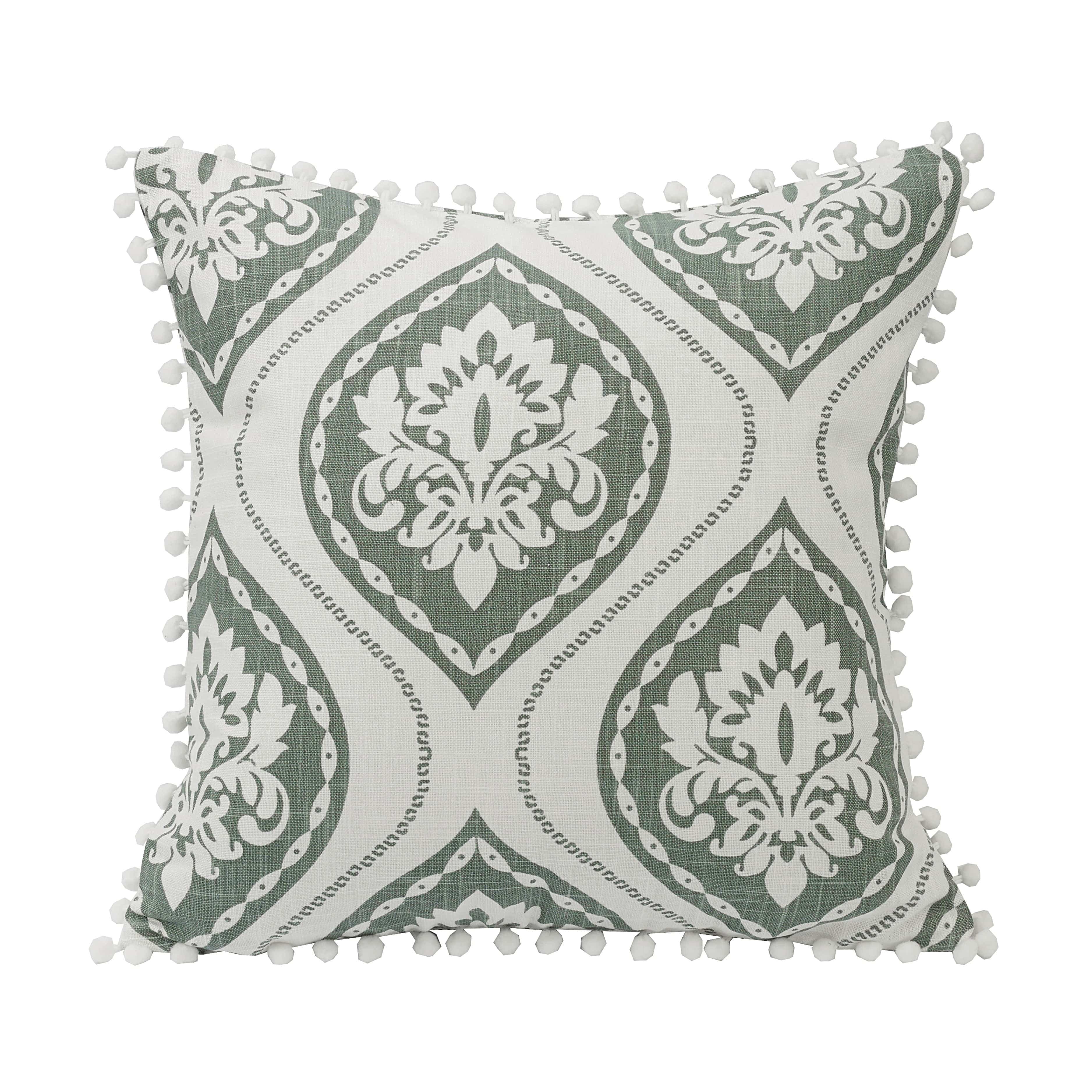 Belmont Graphic Print Throw Pillow with Pom Pom Trim - Soft Decorative Cushion for Sofa, Bed & Home Decor