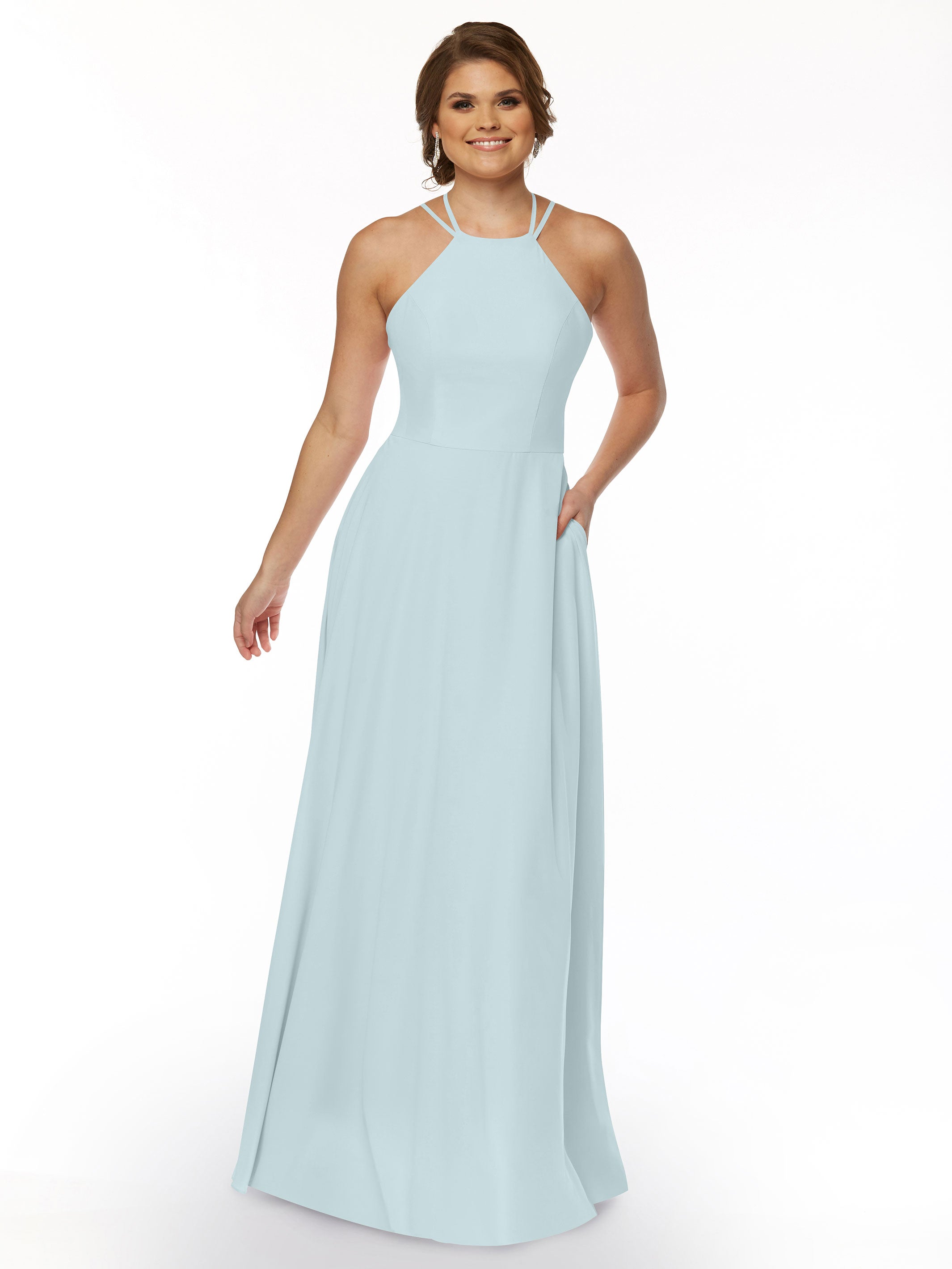 Elegant 83006 Stretch Chiffon A-Line Bridesmaid Dress with Halter Neckline - Perfect for Weddings, Formal Events & Special Occasions
