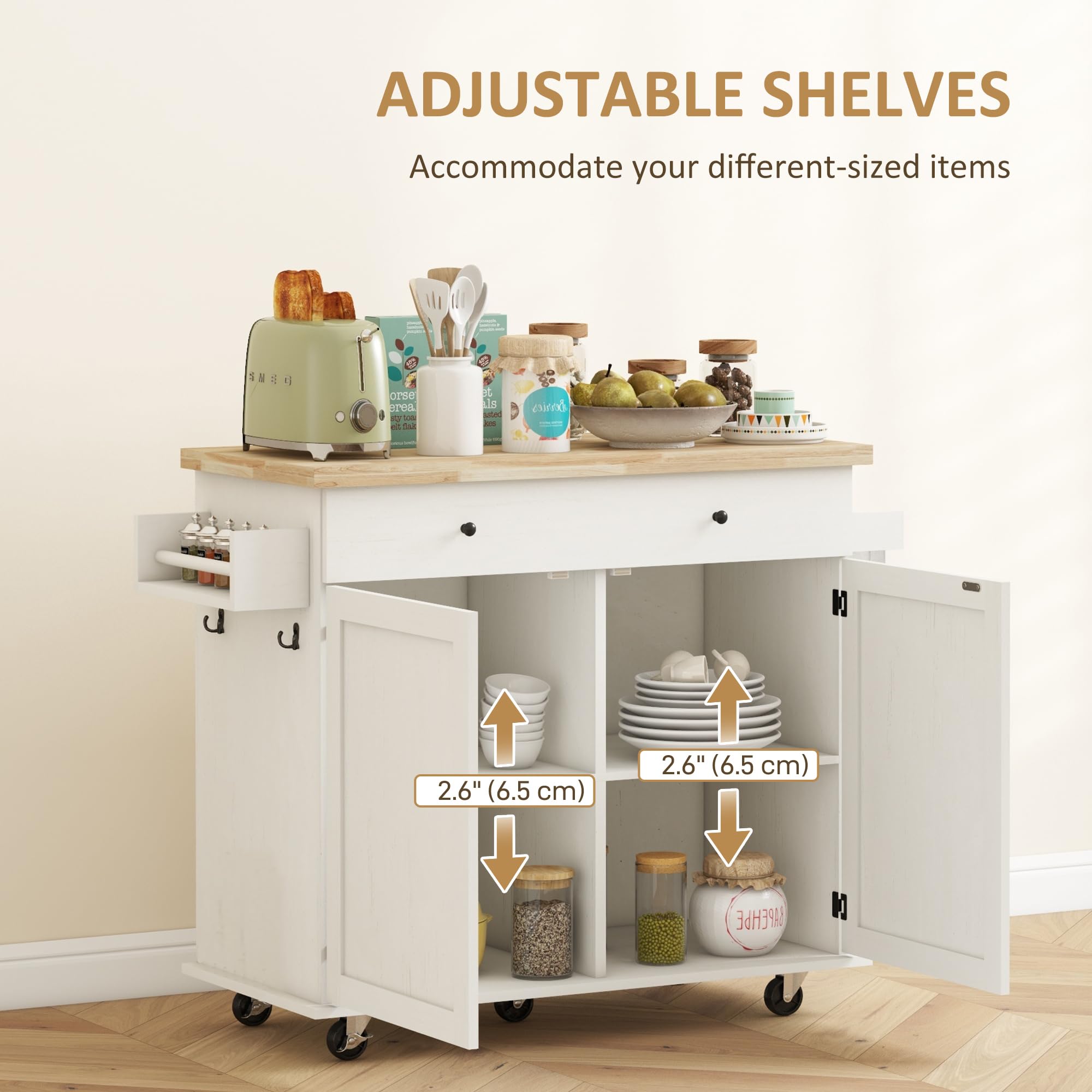 Farmhouse Style Rolling Kitchen Island Cart with Storage - White Distressed Rubberwood Top, 2 Cabinets, Drawer & Spice Rack | Mobile Kitchen Organizer with Towel Racks & Hooks for Small Spaces, Apartment Cooking & Dining Room Serving