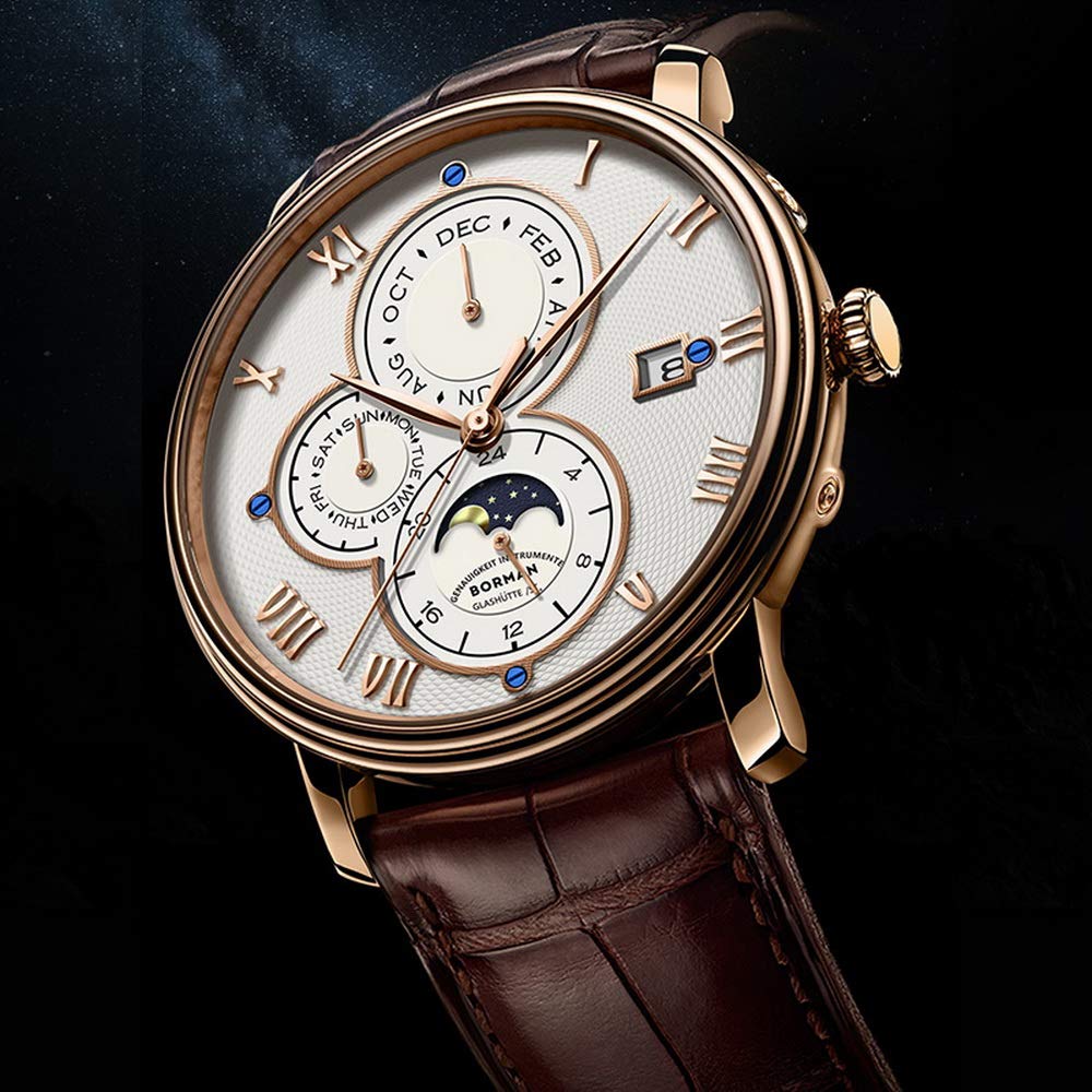 BORMAN Men's Automatic Luxury Dress Watch - Self-Winding Mechanical Movement, 50M Waterproof, Date/Month/Week/24H/Sun-Moon Display - Perfect for Business, Formal Occasions & Everyday Wear