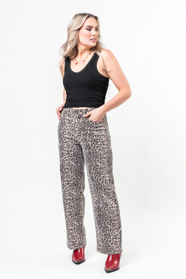 Primal Instincts Women's Wide Leg Leopard Print Jeans - High Waisted Stretchy Denim Pants for Casual Outfits & Streetwear Fashion