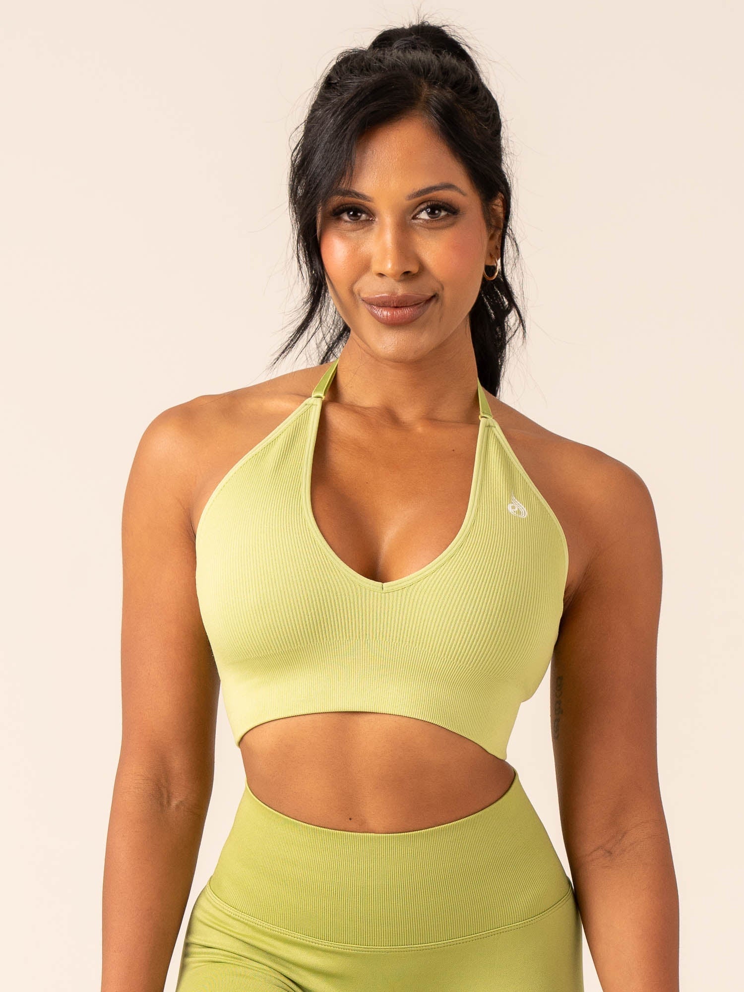 Lift Rib Seamless Halter Sports Bra for Women - Olive Green Workout Top for Yoga, Running & Gym - Comfortable & Supportive Activewear