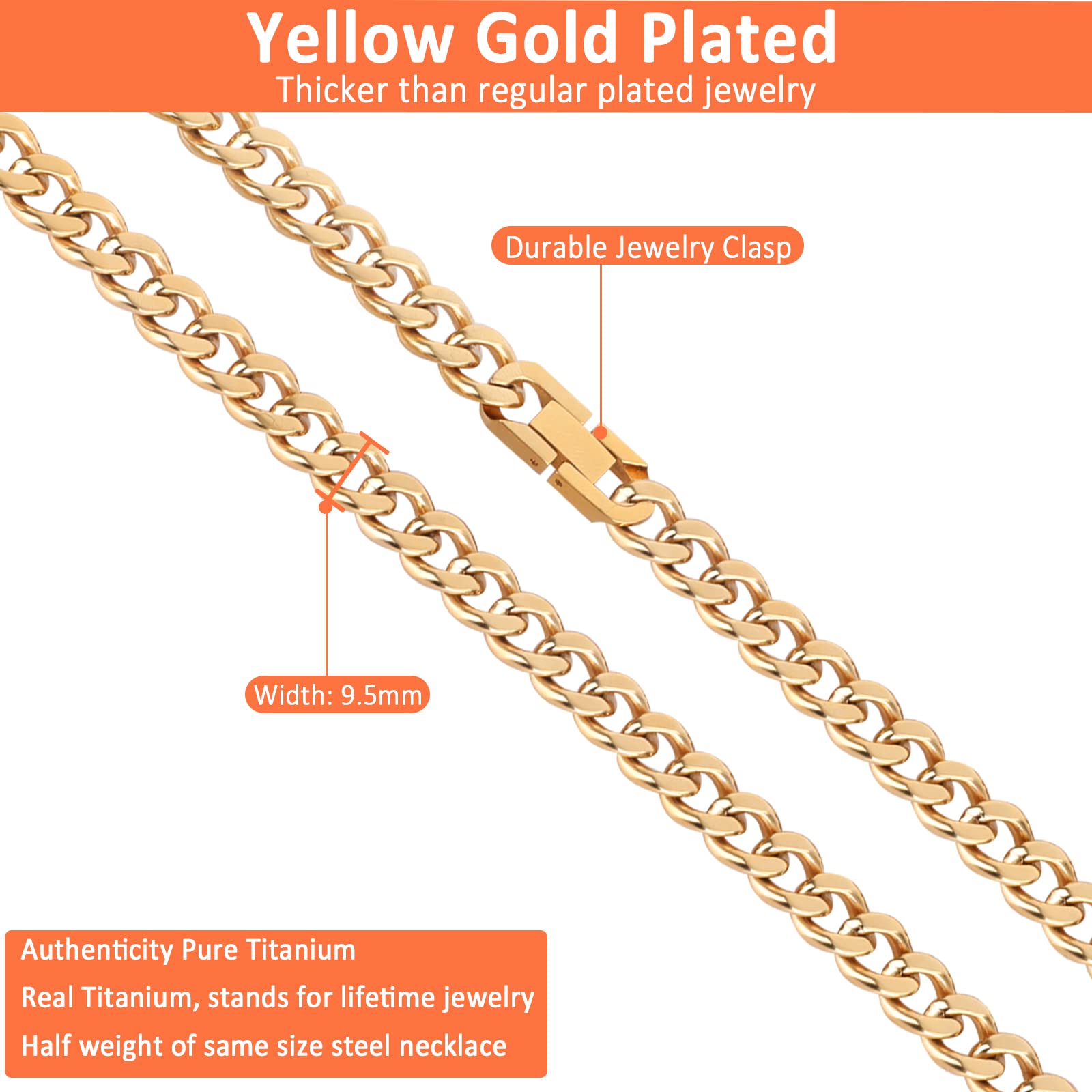 SanThree 9.5mm Pure Titanium Curb Cuban Link Chain Necklace for Men - Yellow Gold Plated, Lightweight & Skin Friendly | Perfect Hip Hop Jewelry Gift for Birthday, Graduation, Father's Day | 24 Inches | Ideal for Casual Wear, Parties & Special Occasions