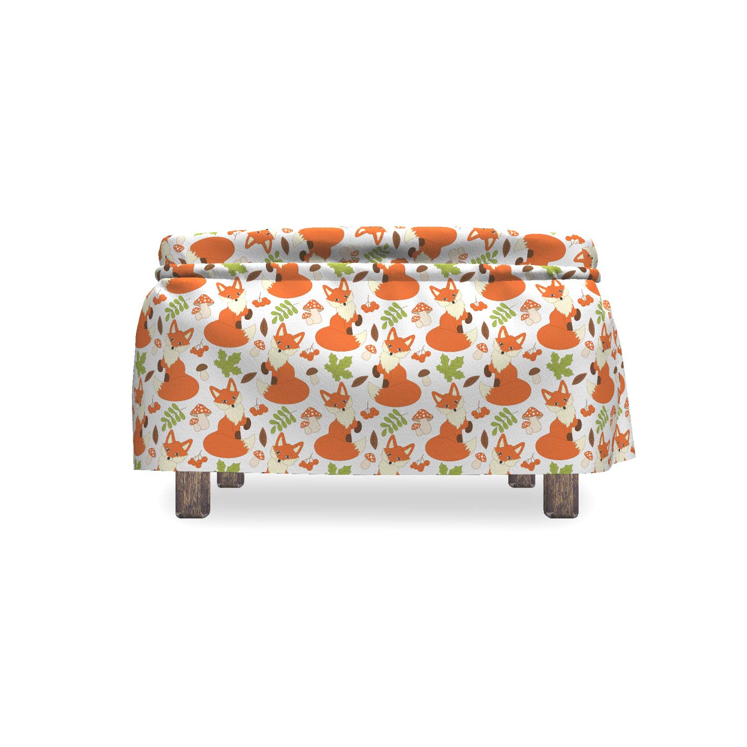 Ambesonne Fox Ottoman Cover 2-Piece Set - Forest Fauna & Flora Slipcover with Ruffle Skirt for Square/Round Footstools - Brown, Orange & Apple Green Home Decor - Perfect for Living Room, Bedroom or Nursery Accent