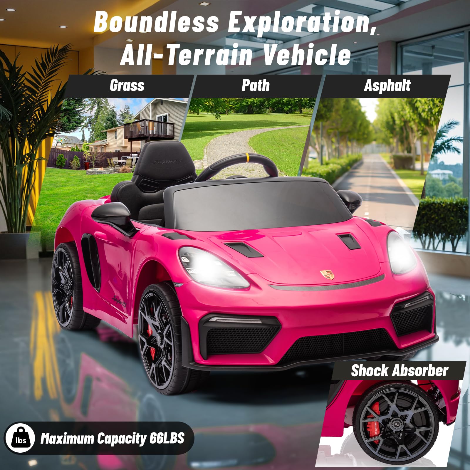 12V Licensed Porsche 718 Kids Electric Ride-On Car with Parent Remote Control, LED Lights, Music Player & Durable Tires - Pink | Perfect for Birthday Gifts, Outdoor Play & Learning Driving Skills