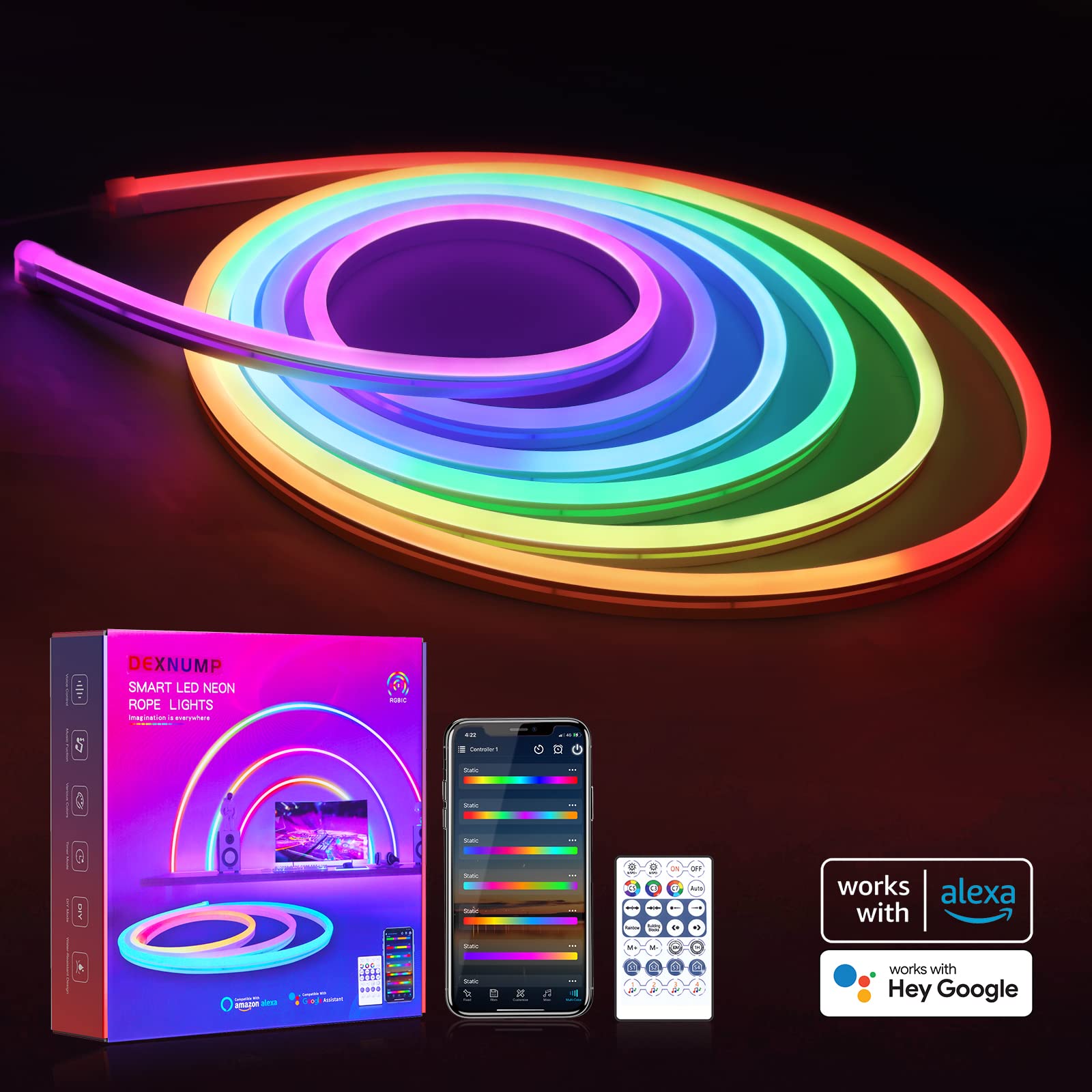 Dexnump Neon Rope Lights 16.4ft RGBIC LED Strip Lights - Smart WiFi App & Remote Control, 16 Million Colors with Music Sync, Works with Alexa & Google Assistant - Perfect for Wall Decor, Bedroom Lighting, Party, and Home Theater Ambiance