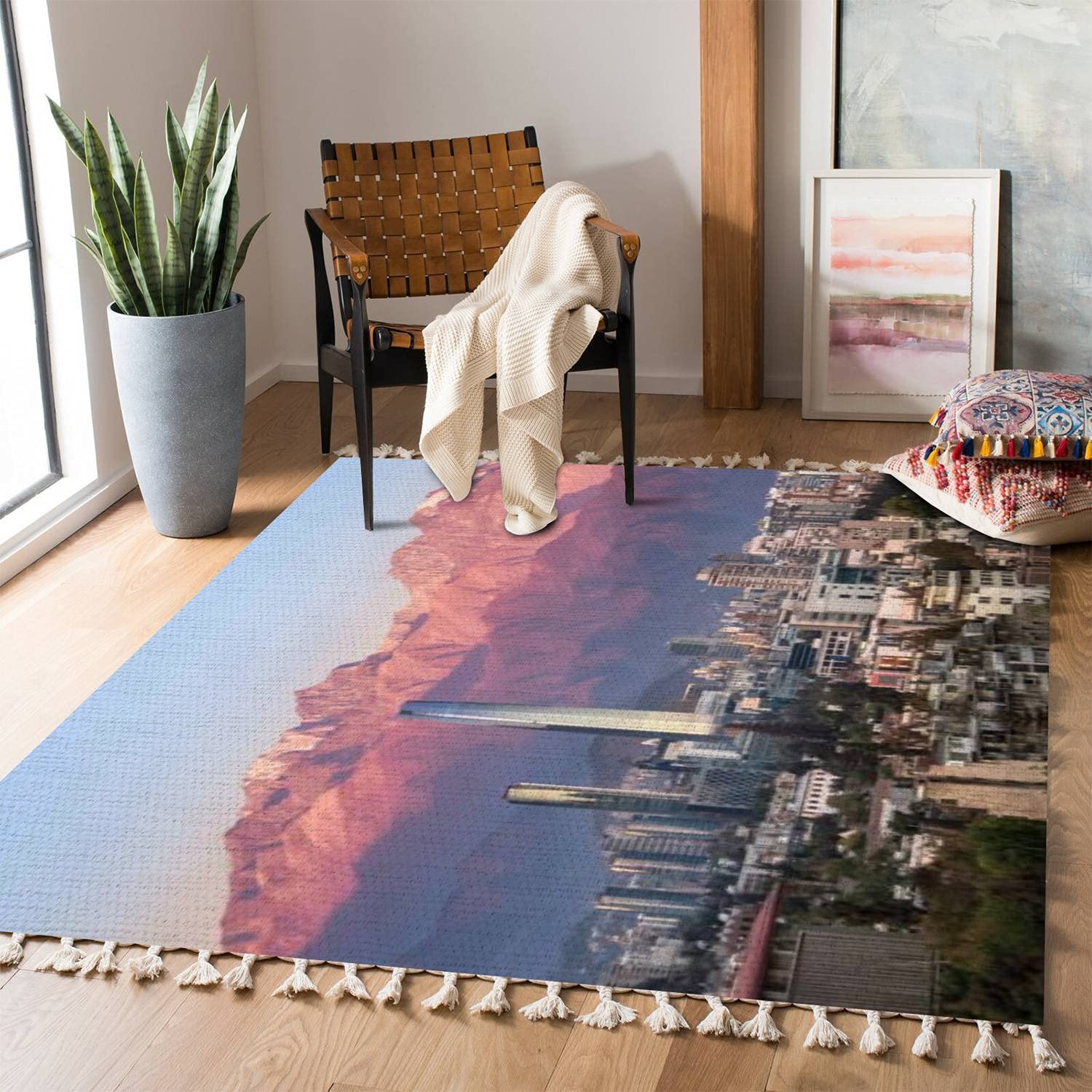Boho Rug - Aerial View of Santiago Skyline at Sunset with Costanera Skyscraper - Non-Slip Area Rug for Living Room, Bedroom, Patio, Hallway - Minimalist Home Decor Indoor/Outdoor Use - Perfect for Bohemian, Modern & Coastal Style Homes