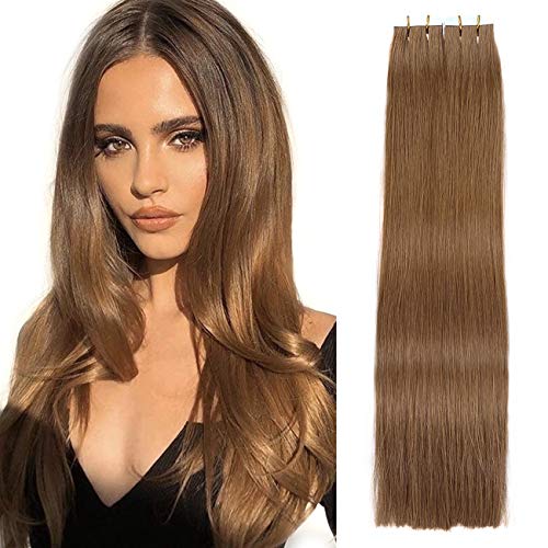 Premium 20 Inch Lace Tape In Human Hair Extensions – 20 Pieces 50g, 10 Gold Brown, Semi-Permanent Remy Hair for Women | Perfect for Volume, Length & Styling for Parties, Weddings & Everyday Glam