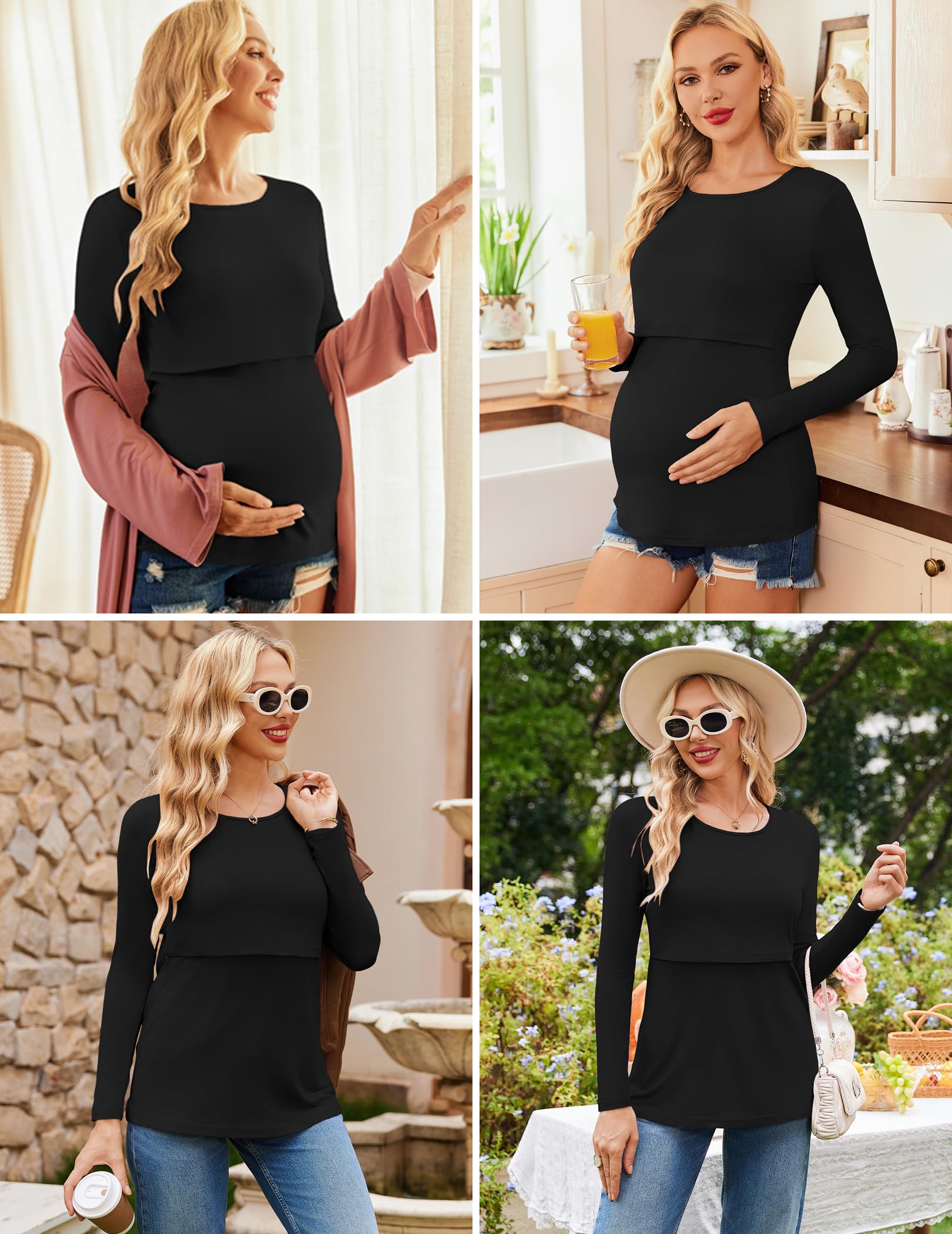 Ekouaer Women's 3-Pack Nursing Shirts - Soft Long Sleeve Maternity Tops with Double Layer for Breastfeeding, Comfortable Round Neck Pregnancy Blouses - Perfect for Nursing, Pumping & Everyday Wear