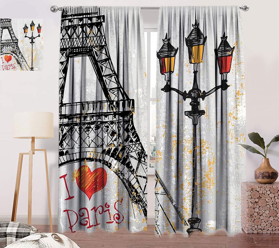 Paris Room Darkening Curtains - Grunge Eiffel Tower & Lanterns European Artwork, 96x84 Inch Blackout Drapes for Bedroom (Red/Black/Yellow) - Perfect for French-Themed Decor & Light Blocking