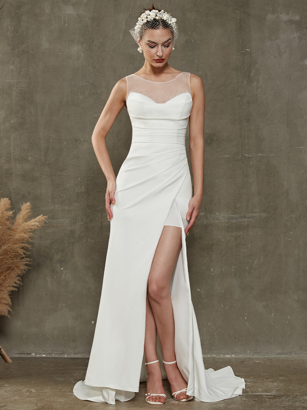 Elegant Double FDY Pleated High Slit Sheer Back Mermaid Wedding Dress with Train - Perfect for Beach, Church, and Formal Wedding Ceremonies