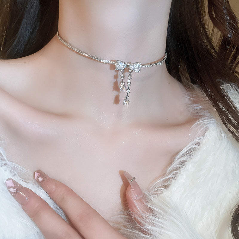 Elegant Feminine Ribbon Bowknot Tassel Choker Necklace for Women | HN2968 | Perfect for Parties, Weddings, and Special Occasions