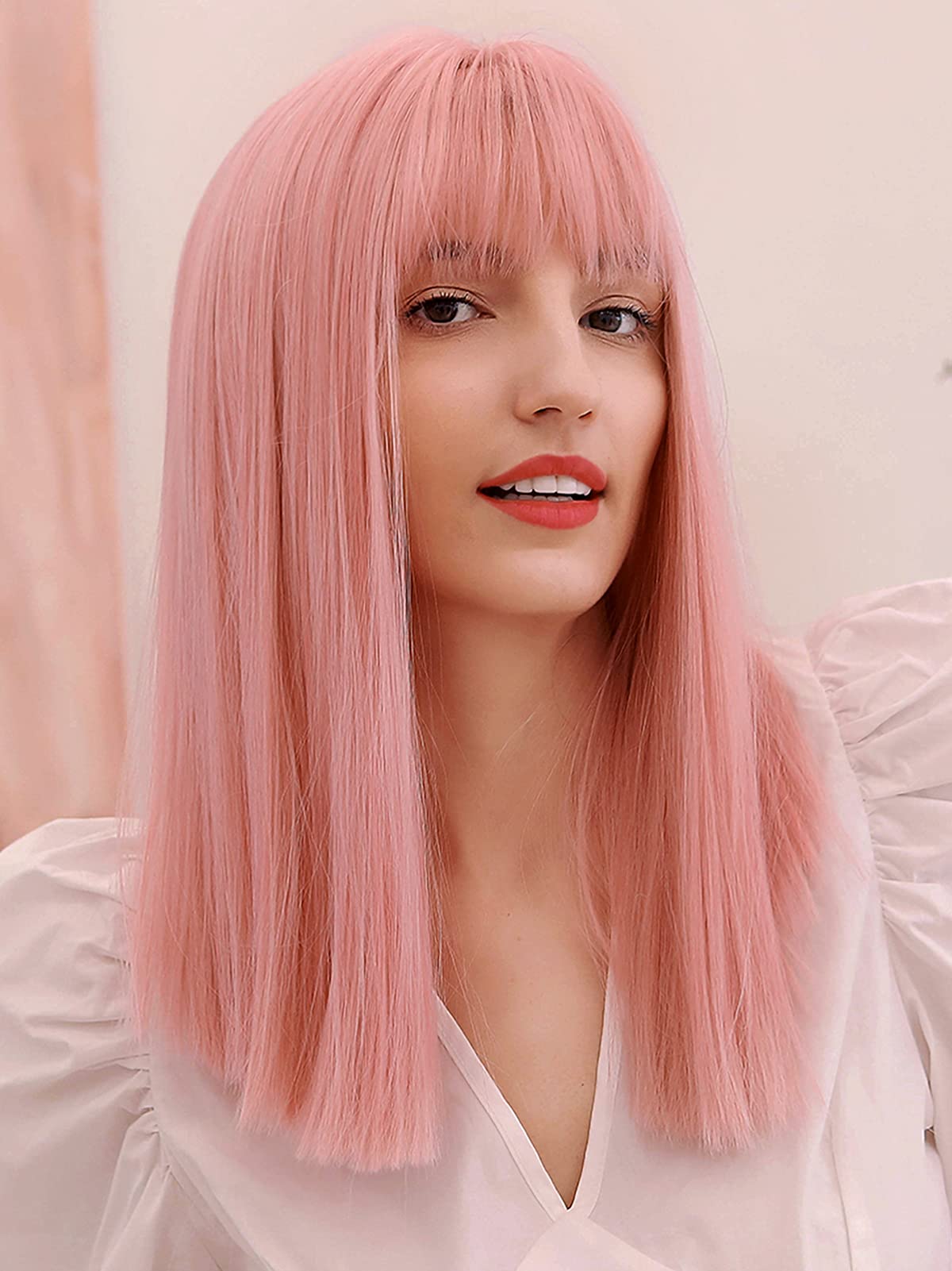 Happy Cherry Light Pink Long Straight Synthetic Wigs for Women with Bangs - Heat Resistant Natural Look Cosplay & Party Wig - Perfect for Halloween, Costume Parties, Anime Conventions and Daily Fashion