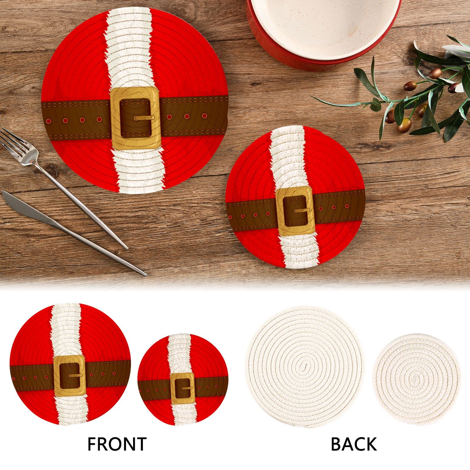 Christmas Belt Buckle Pot Holders - Set of 2 Heat Resistant Cotton Round Kitchen Potholders with Thread Weave Design for Stovetop & Oven Use - Perfect Holiday Home Decor & Coasters for Christmas Dinner Party