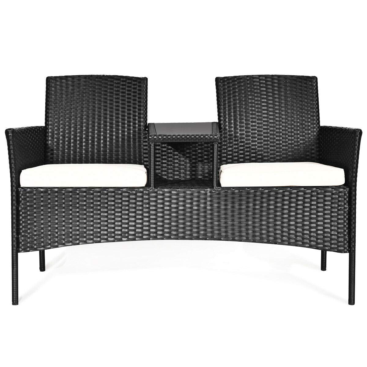 RELAX4LIFE Outdoor Rattan Wicker Conversation Set with Coffee Table & 2 Removable Cushion Chairs - Patio, Garden, Balcony, Porch Furniture Loveseat (Black+Beige) - Perfect for Backyard Relaxation, Poolside Lounging and Outdoor Entertaining