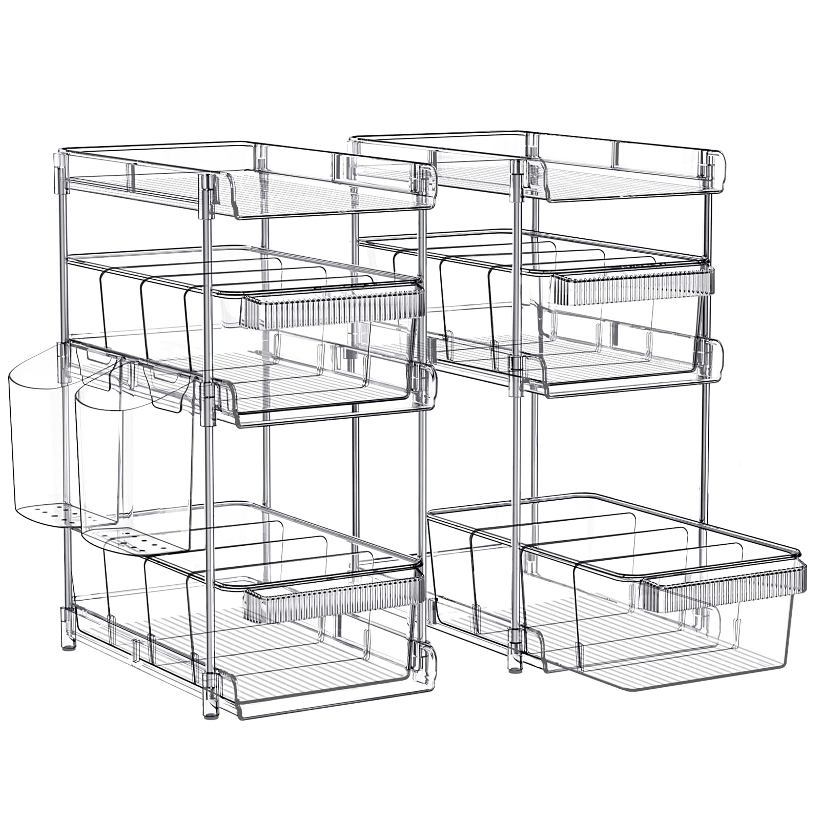 2 Sets 3-Tier Clear Bathroom Organizers with Pull-Out Drawer & 6 Dividers - Space Saving Under Sink Storage for Bathroom & Kitchen (Includes 2 Cups) - Perfect for Organizing Toiletries, Cosmetics & Cleaning Supplies