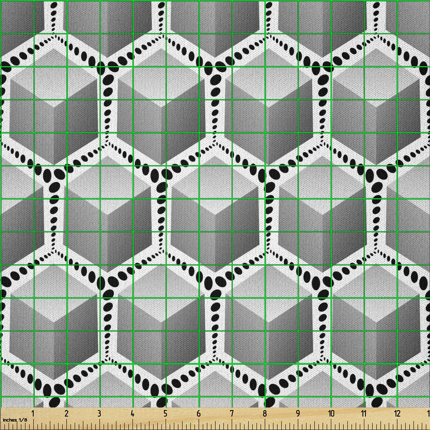 Lunarable Grey Abstract Fabric by The Yard - 3D Geometric Cubes Pattern with Black Dots, Soft Microfiber Material for DIY Arts & Crafts, Home Decor, Upholstery (10 Yards, White & Black) - Perfect for Sewing Projects, Curtains, Pillow Covers & Wall Hangings