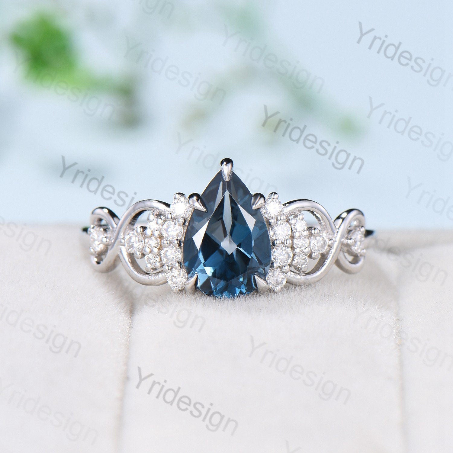Celtic Love London Blue Topaz Engagement Ring Set – Pear Shaped Topaz & Diamond Wedding Ring – Norse Viking Cluster Moissanite Knot Bridal Jewelry for Women – Perfect for Weddings, Anniversaries & Special Occasions