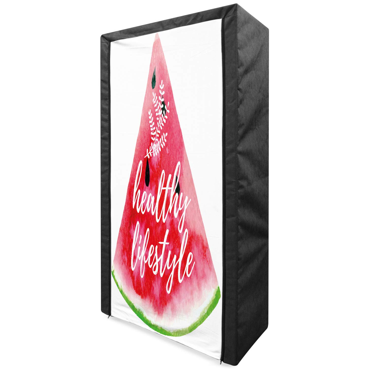 Ambesonne Portable Fabric Wardrobe Closet Organizer with Shelves, 33.5 Inch Multicolor Storage for Clothes - Hand Drawn Watermelon & Herbs Healthy Lifestyle Design - Perfect for Small Spaces, Dorm Rooms, Camping & Home Organization