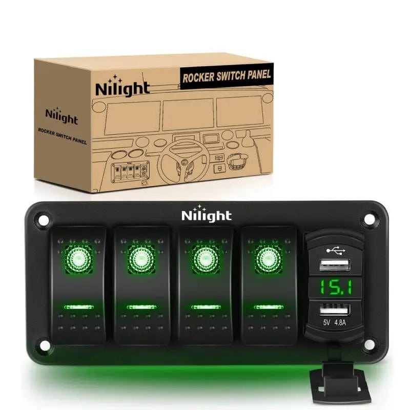 4 Gang Aluminum 5 Pin ON/Off Green Rocker Switch Panel with 4.8 Amp Dual USB Charger & Voltmeter - Perfect for Marine, RV, Truck & Boat Electrical Systems