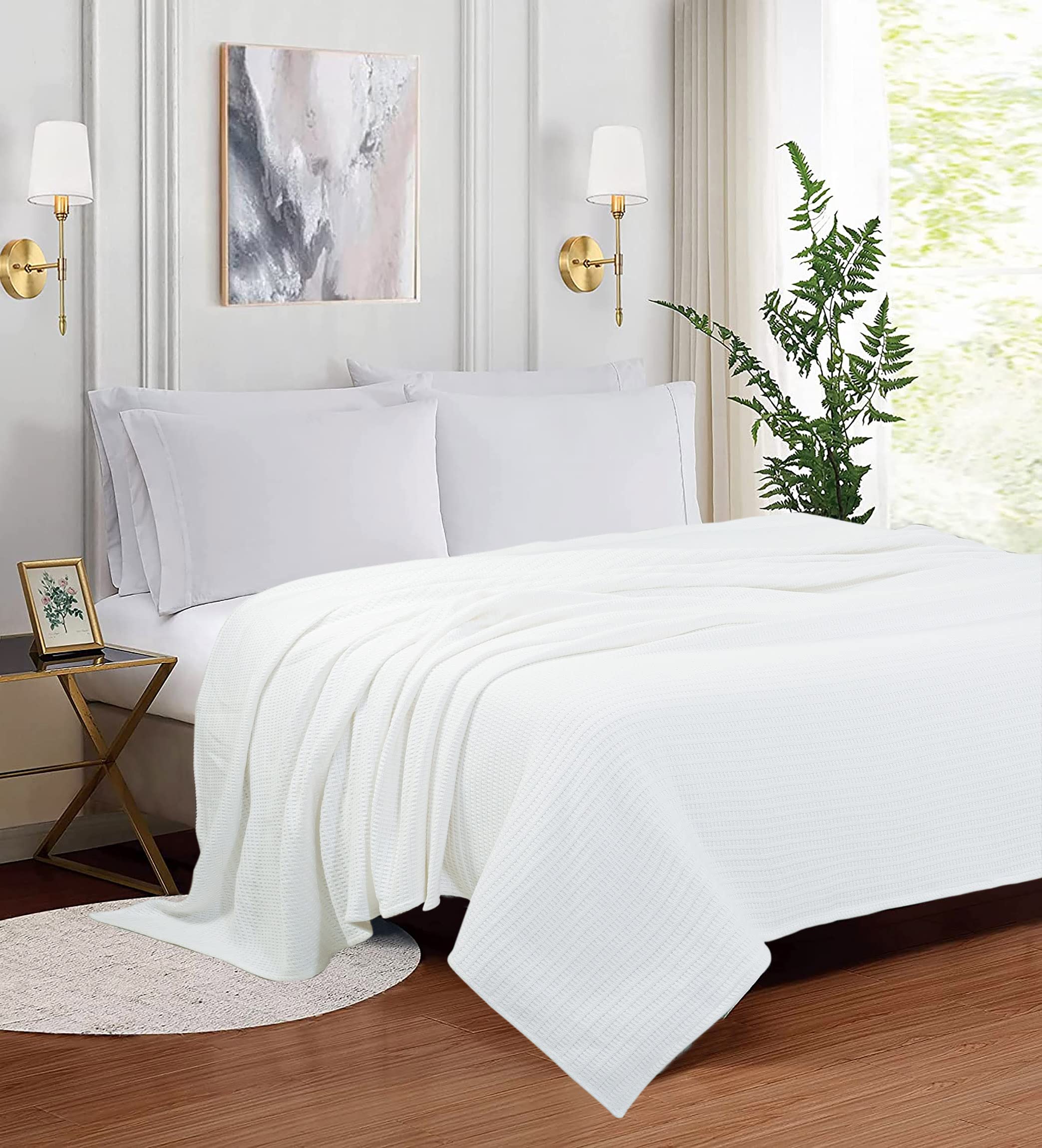 Premium King Size Cotton Blanket - Soft, Lightweight & Breathable All-Season Bedding - Classic Weave White Blanket for King Size Beds, Sofas & Couches (90