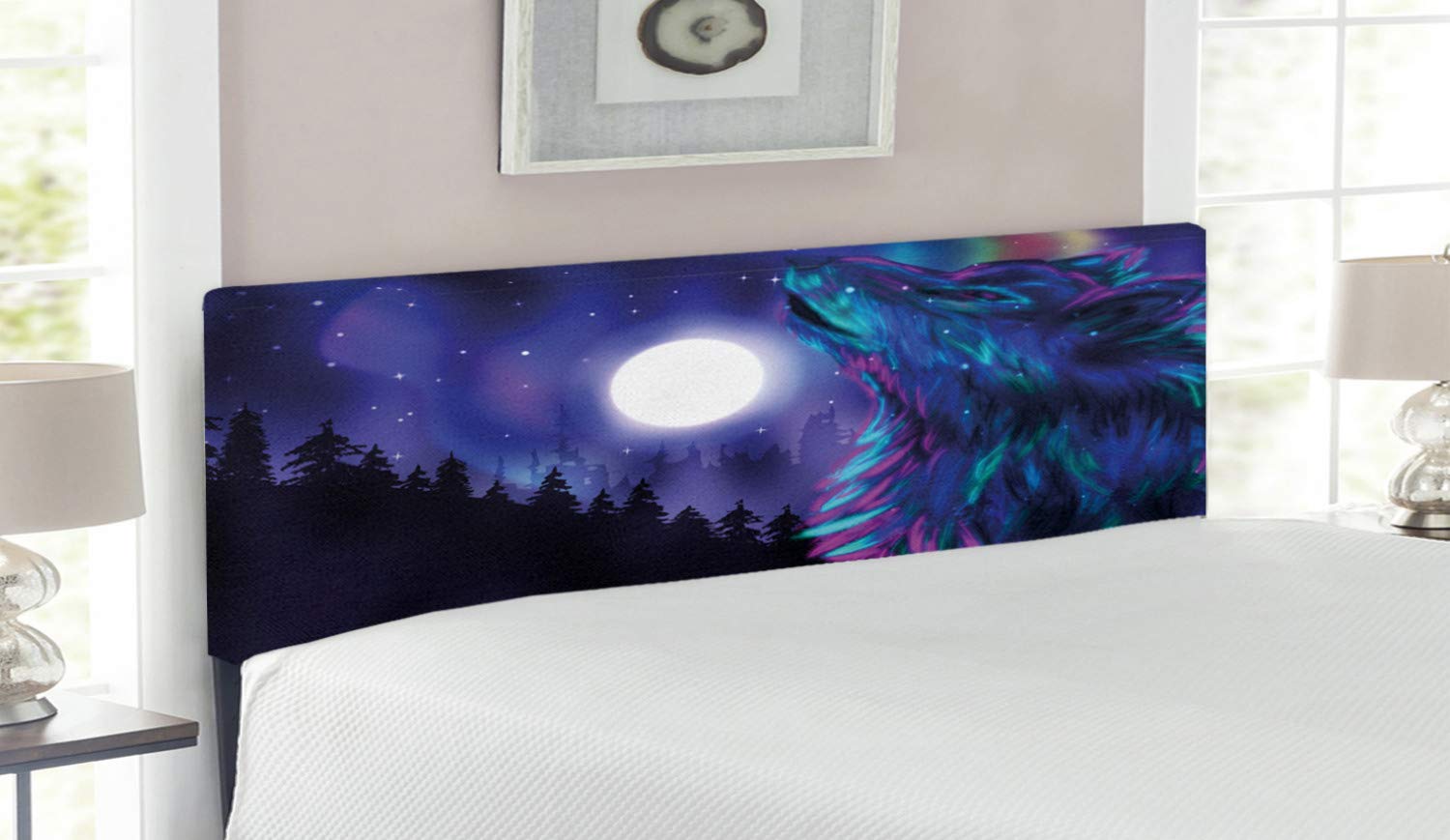 Ambesonne Moon Headboard - Northern Lights Aurora Borealis Wolf Spirit Forest Starry Night Design, Upholstered Decorative Metal Bed Headboard with Memory Foam, Queen Size in Indigo Aqua Magenta - Perfect for Bedroom Decor & Cozy Cabin Retreats