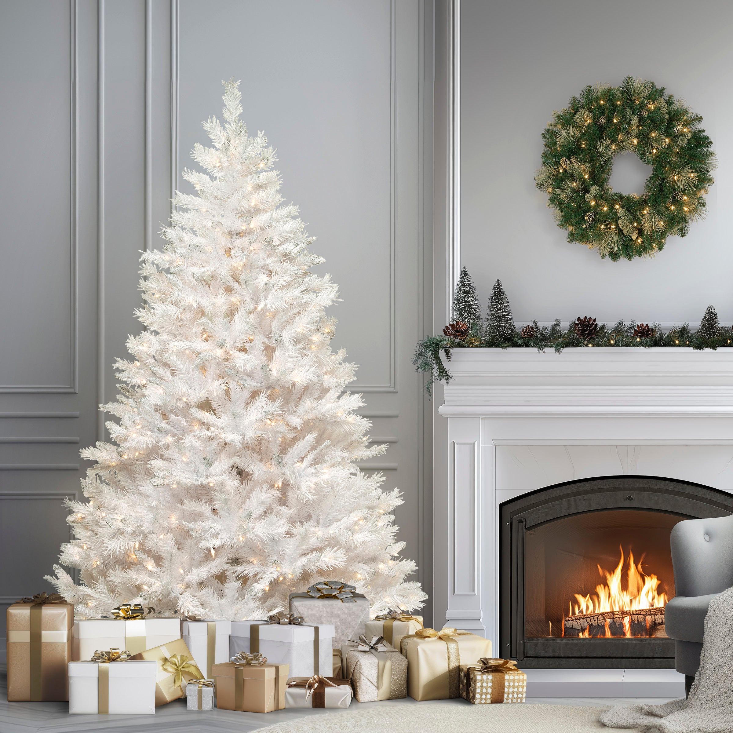 7 ft Pre-Lit Artificial Christmas Tree - Winchester Pine White with 600 Clear LED Lights for Holiday Home Decor & Party