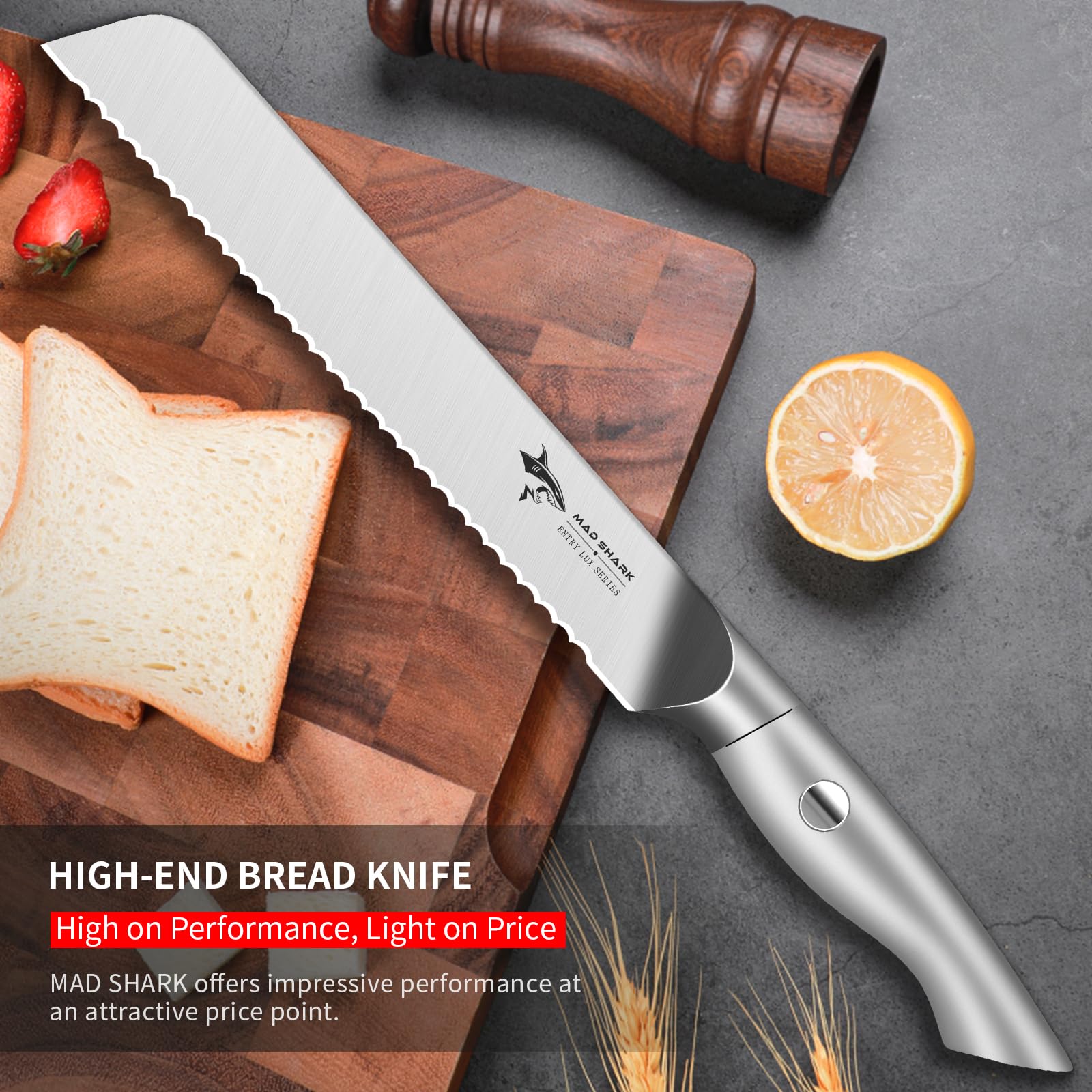 MAD SHARK 8 Inch Bread Knife - Ultra Sharp German Molybdenum-Vanadium Steel Blade - Professional Serrated Knife for Sourdough, Baguettes & Homemade Bread - Perfect for Bakeries, Kitchens & Bread Lovers