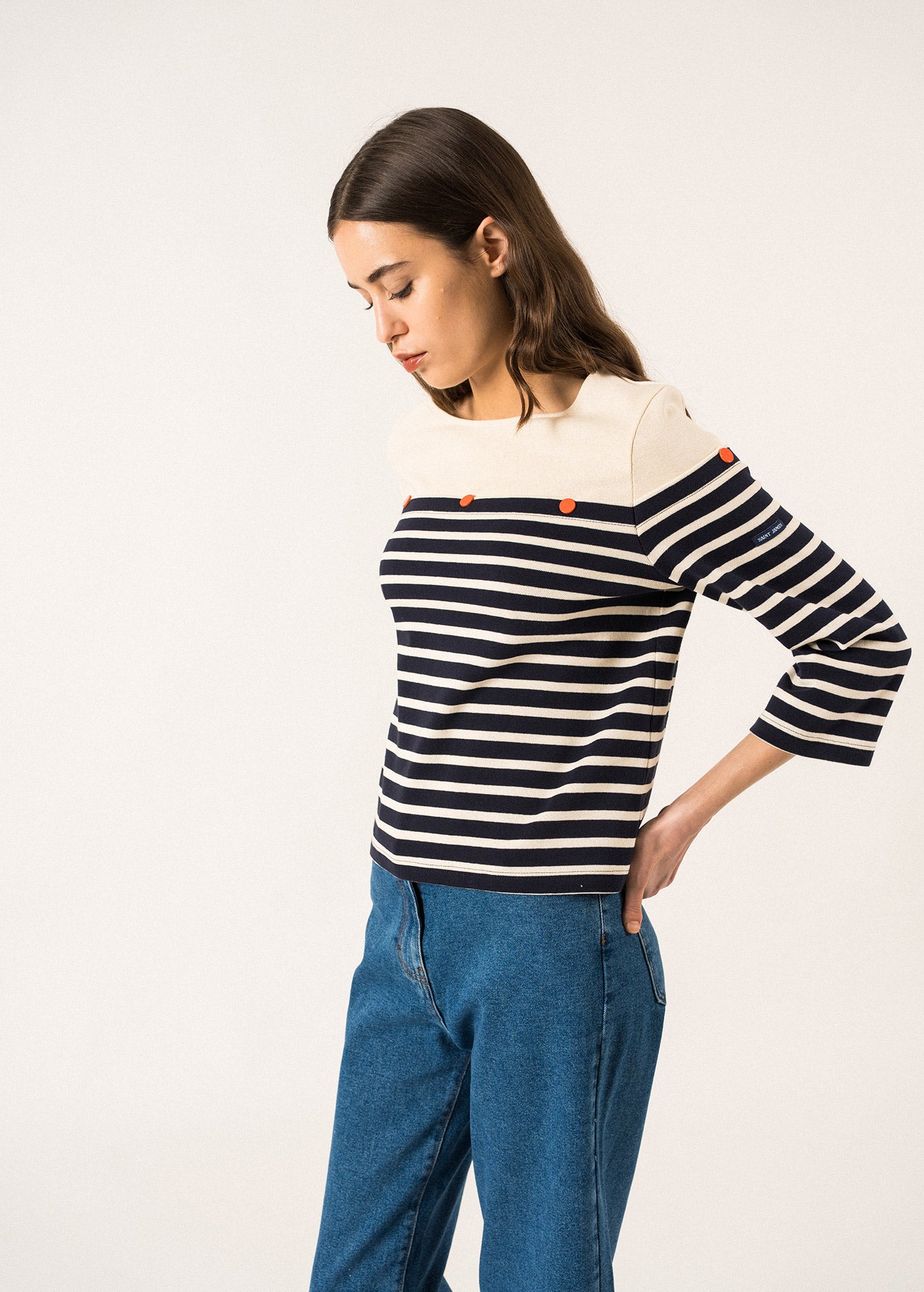 3/4 Sleeve Breton Striped Shirt with Contrasting Yoke & Decorative Buttons | Navy/Ecru Striped Top by Isabelle Ballu | Perfect for Casual Outings & French-Inspired Fashion