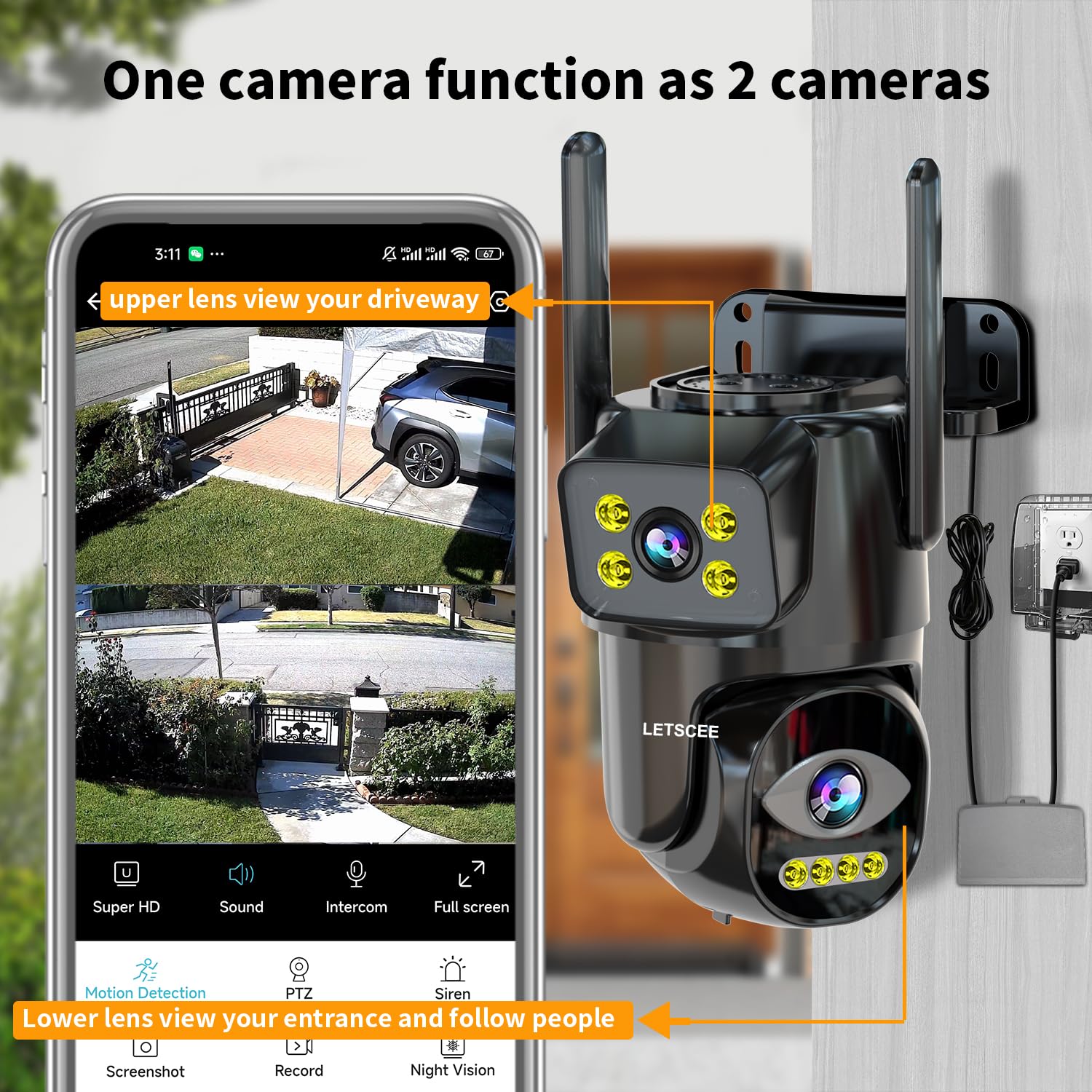 Dual Lens WiFi Security Camera Outdoor - 2.4G/5G PTZ Plug-in Auto Tracking Home Surveillance System with Night Vision & 24/7 Recording | Ideal for Home Security, Baby Monitoring & Property Protection