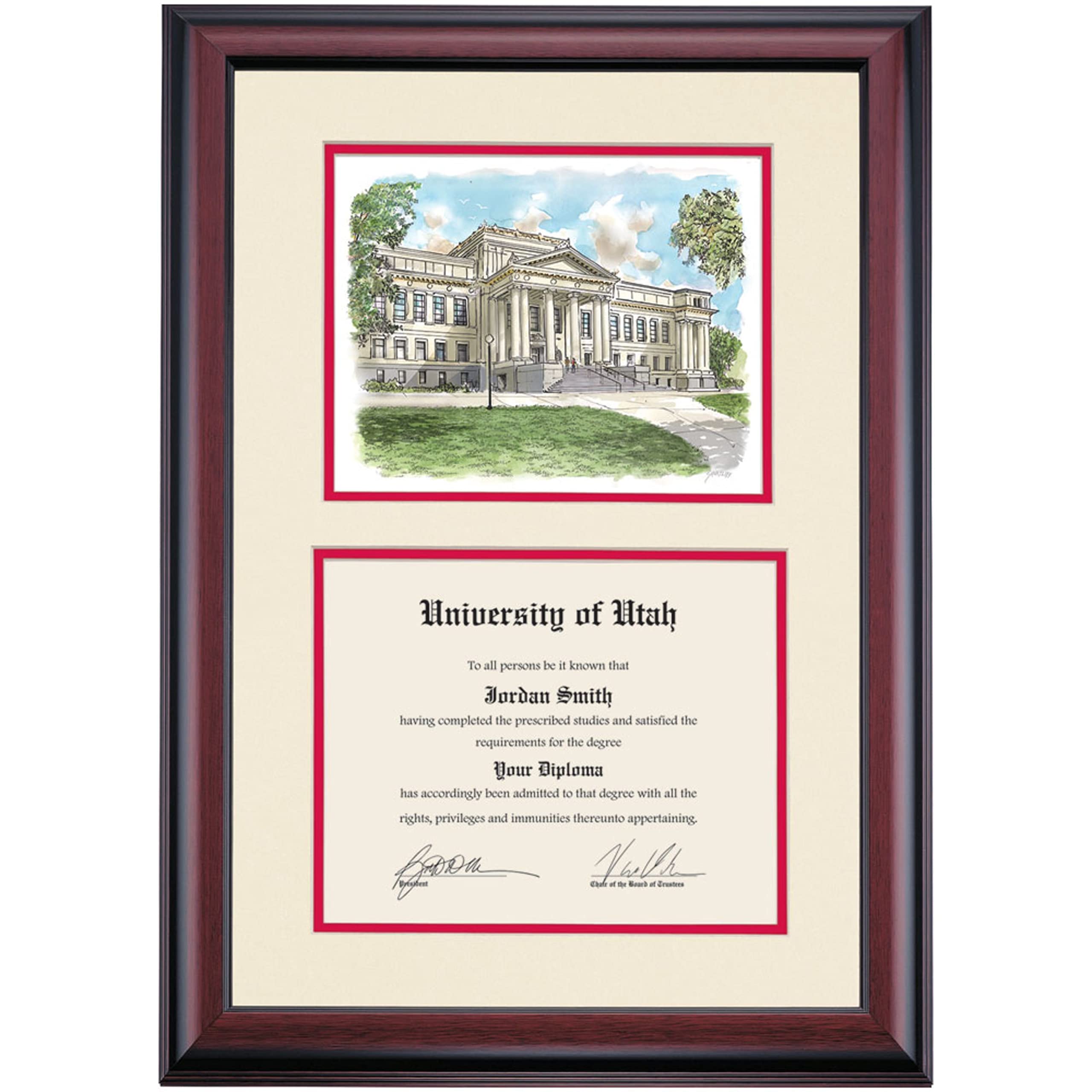 University of Utah Utes Diploma Display Frame - 8.5x11 Inch Premium Certificate Holder with Ivory/Cherry Mat & John R. Park Building Watercolor - Perfect Graduation Gift for Alumni, Office Decor or Home Display
