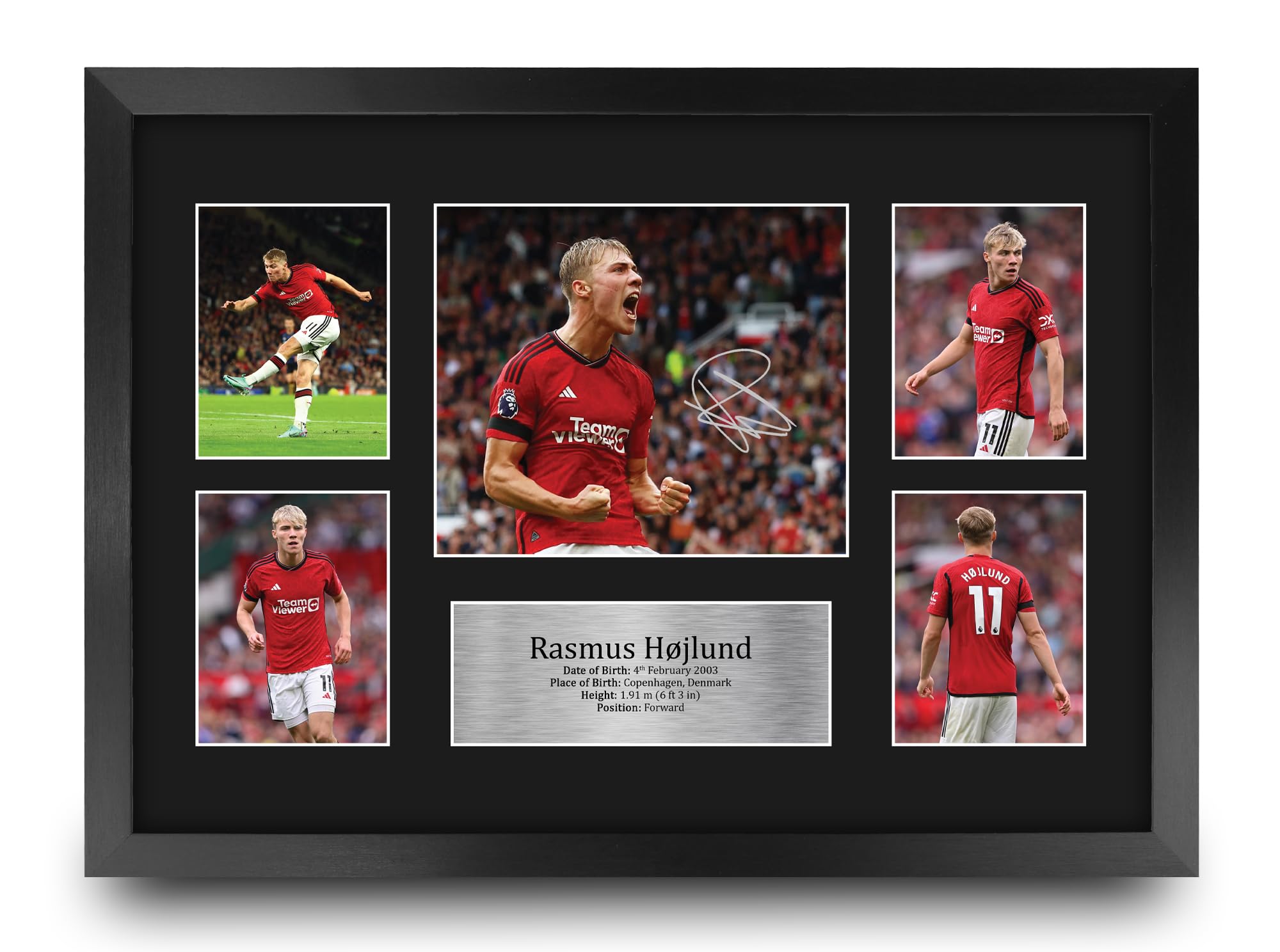 Rasmus Hojlund Signed Autograph Photo - 16x12 Inch Framed Soccer Memorabilia for Man Utd Fans - Perfect for Home Decor, Office Display & Gift for Football Supporters