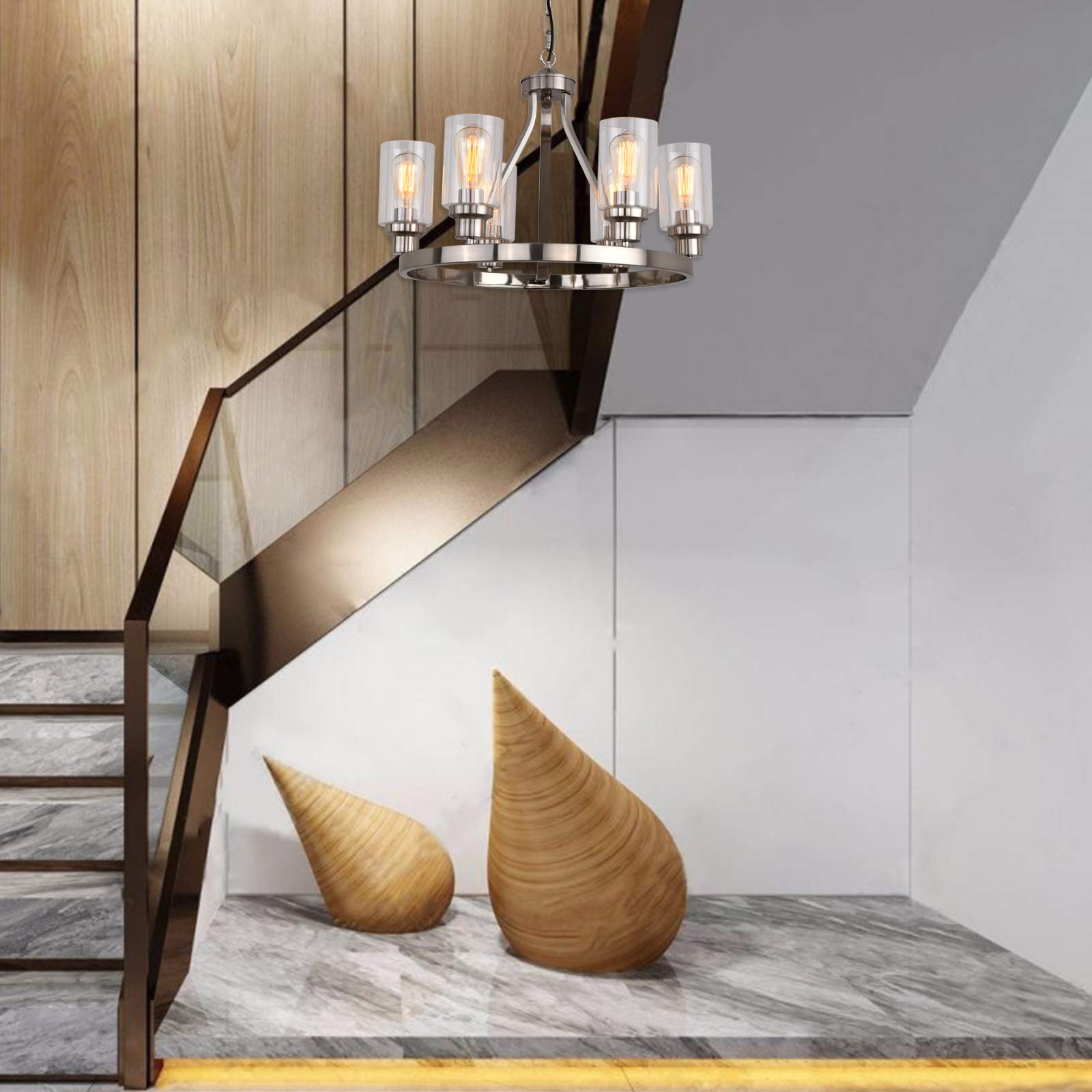 Modern 6-Light Brushed Nickel Chandelier with Glass Pendants - Elegant Dining Room Lighting Fixture for Kitchen, Living Room & Bedroom - Perfect for Family Dinners, Entertaining Guests & Cozy Home Decor