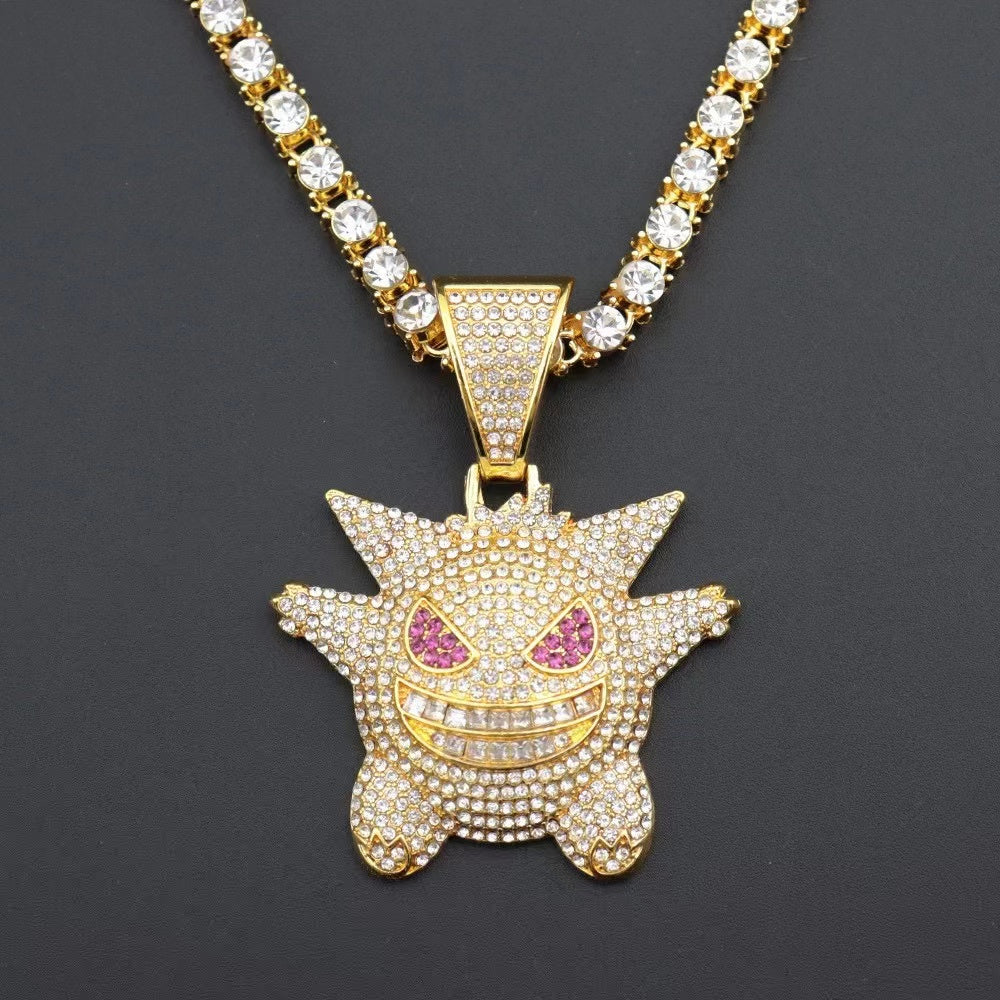 22 Gengar Pendant Necklace - Moissanite Cuban Tennis Chain with Iced Out Links | Perfect for Cosplay, Anime Conventions & Streetwear Fashion