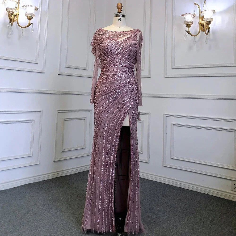 Elegant Silver Mermaid Evening Dress with High Slit & Beaded Details - Luxury Women's Party Gown for Prom, Wedding & Formal Events - Serene Hill Collection LA70752L