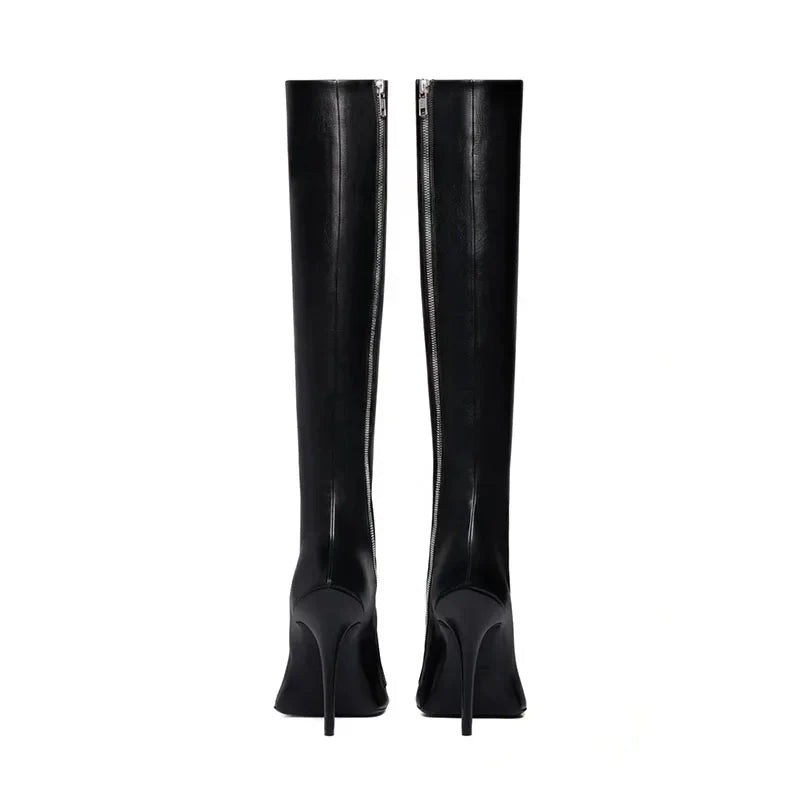 Arden Furtado Women's Knee High Boots - European Style Pointed Toe Stiletto Heels with Side Zipper for Skinny Calf | Perfect for Office, Party & Winter Fashion Outfits