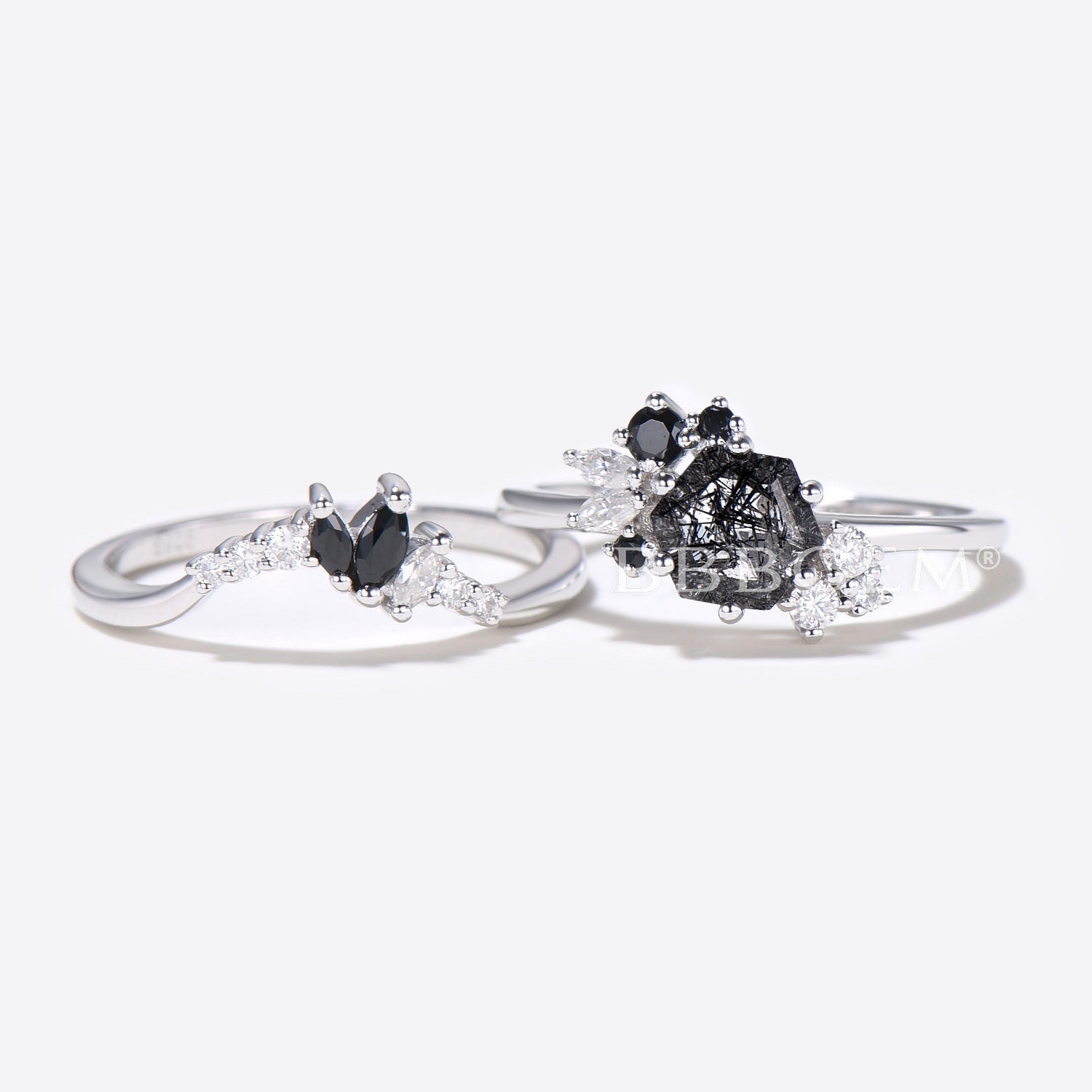 Hexagon Cut Black Rutilated Quartz Ring with Moissanite Accents - Elegant Cluster Jewelry for Women, Perfect for Weddings, Anniversaries & Special Occasions