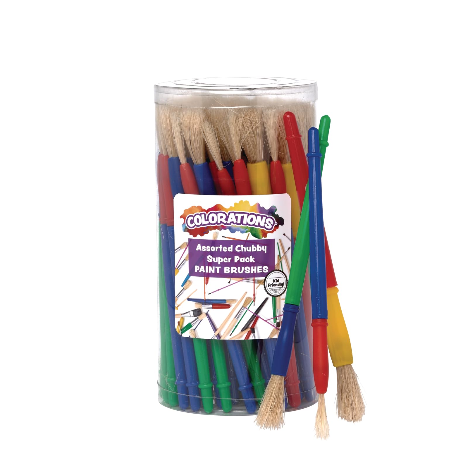 Colorations® Assorted Chubby Brush Super Pack - 60-Piece Set with 3 Sizes, Natural Bristle Plastic Paint Brushes for Kids & Children | Perfect for Classroom Art Projects, DIY Crafts & Home Painting Activities