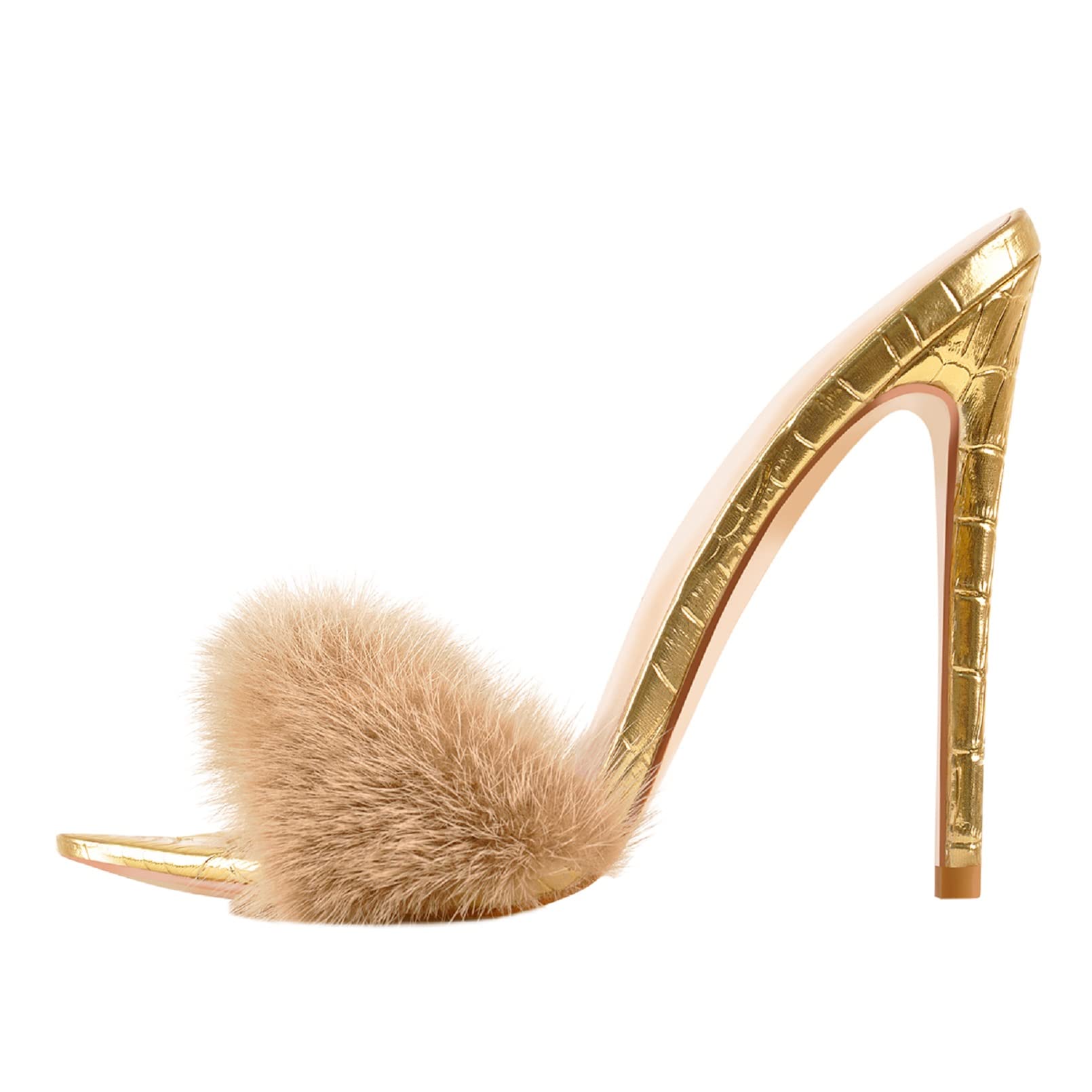 Richealnana Women's Fuzzy Fur Mules Slip-On High Heel Sandals - Comfortable House Slippers for Lounge, Spa, and Indoor/Outdoor Wear