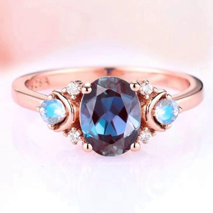 14K Rose Gold Vermeil Alexandrite & Moonstone Ring for Women | Elegant Birthstone Jewelry Gift for Anniversary, Engagement & Special Occasions