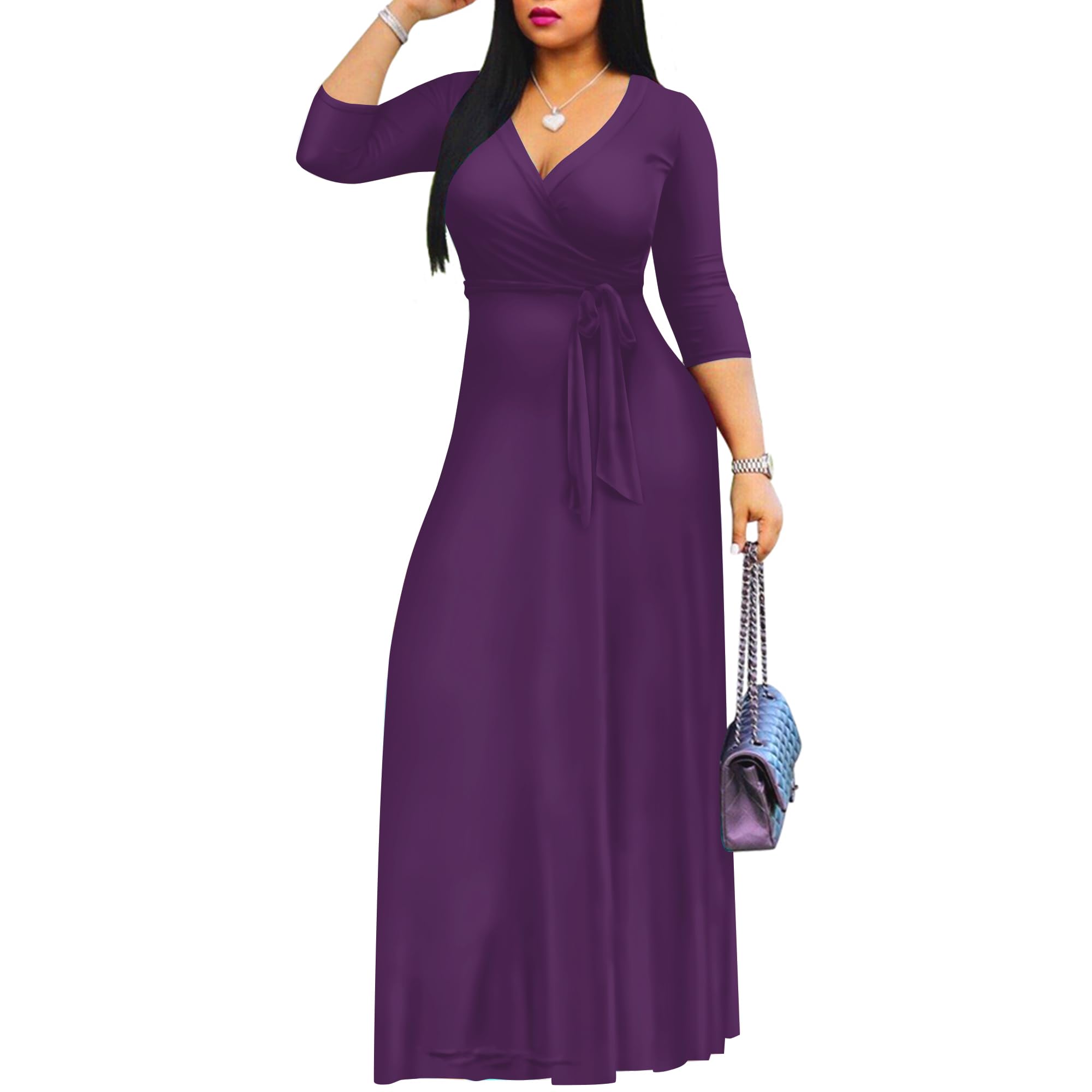 FANDEE Women's 2025 Bohemian Maxi Dress - Solid Color Summer Long Dress with V-Neck & 3/4 Sleeves | Perfect for Beach Vacations, Music Festivals and Casual Outings