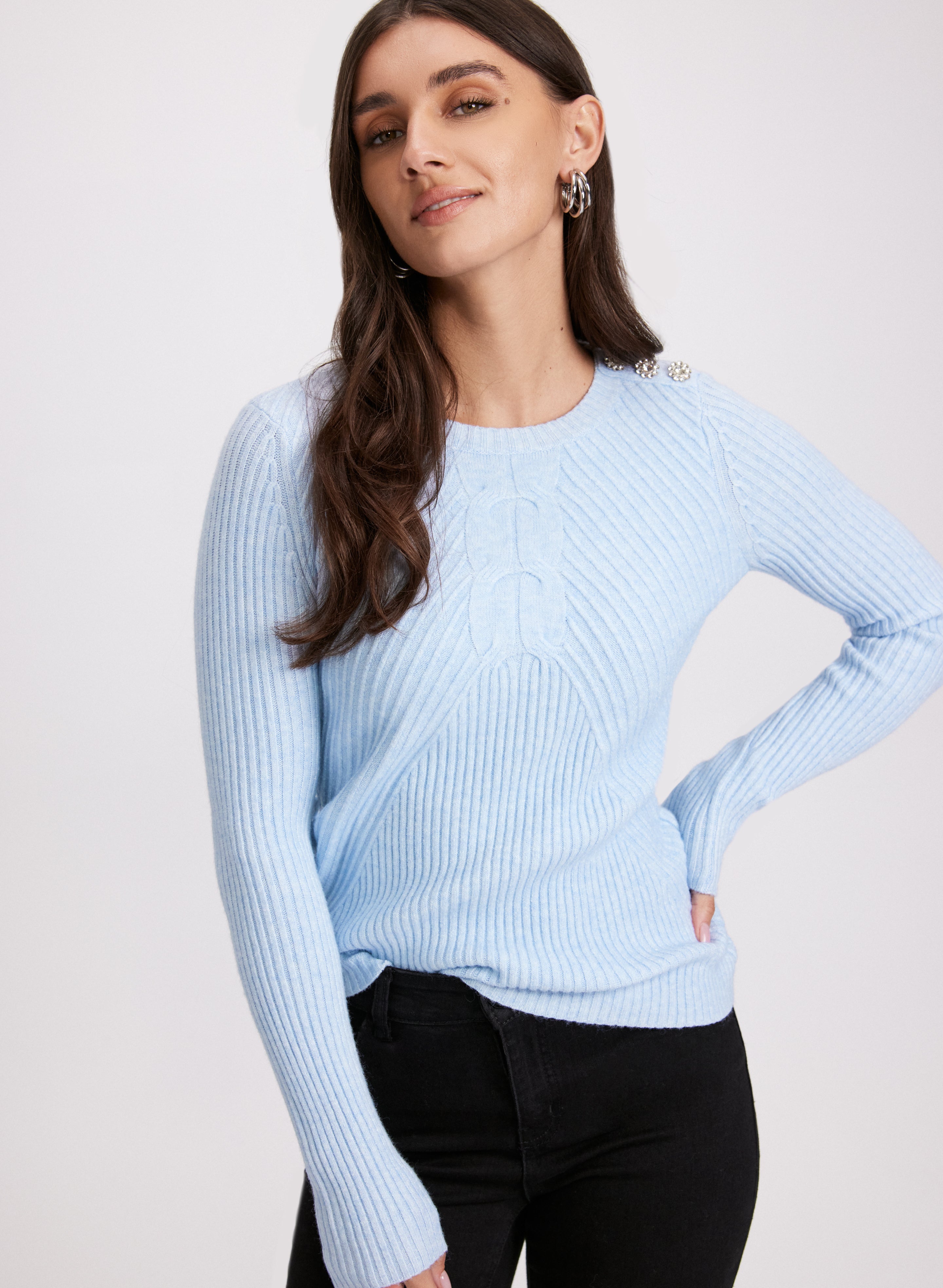 Elegant Crystal Button Embellished Sweater for Women - Stylish Knit Pullover with Rhinestone Details - Perfect for Office Wear, Date Nights & Holiday Parties
