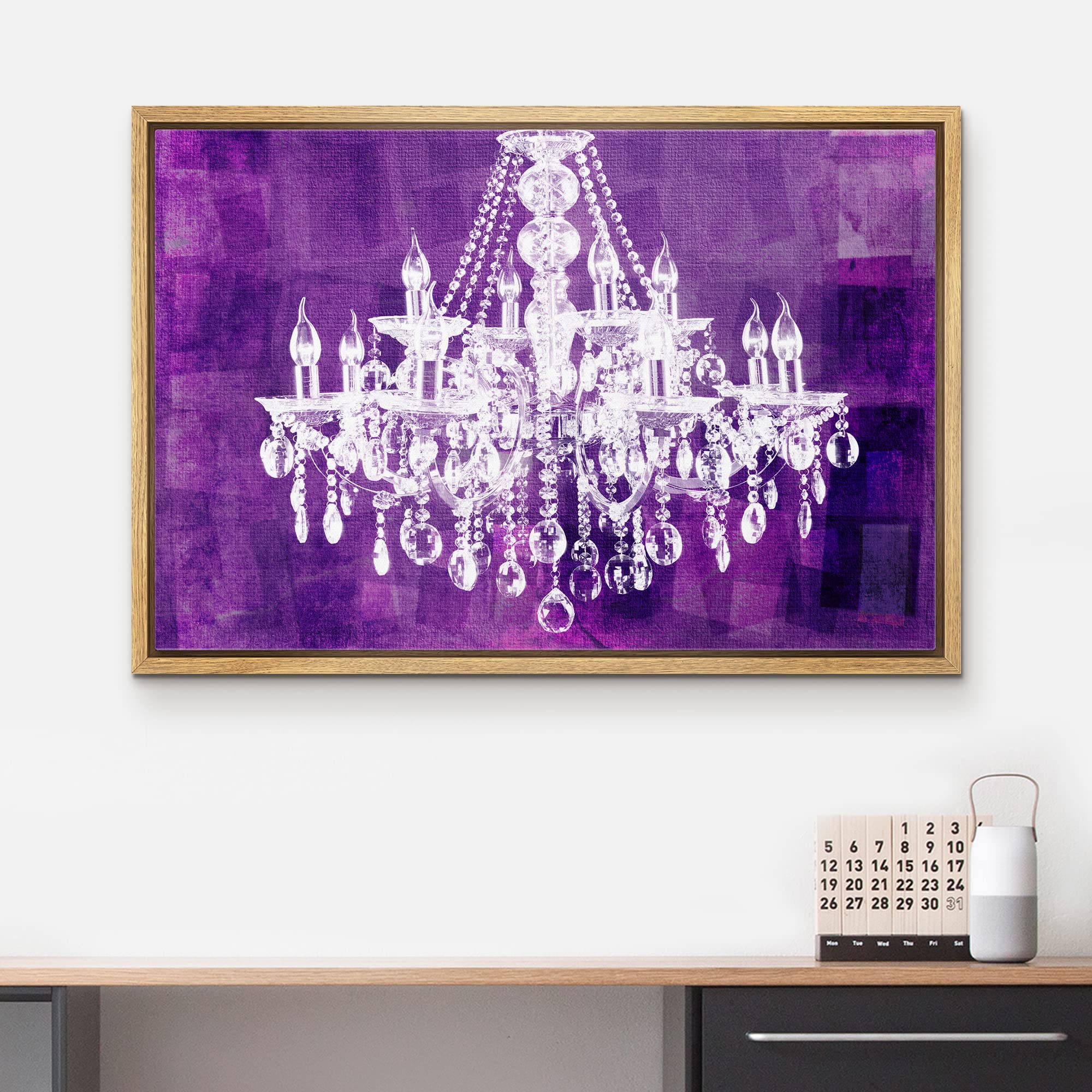 Wall26 Framed Canvas Print - White Chandelier Silhouette on Purple Background Modern Wall Art | Digital Art Decor for Living Room, Bedroom, Office | 24x36 Inches Natural Wood Frame | Perfect for Home Decor, Wedding Gift & Spa Relaxation