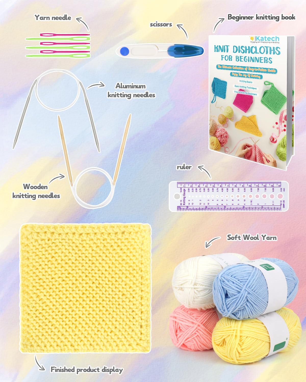 Katech Beginner Knitting Kit for Adults - Complete Set with Instruction Book, Knitting Needles & Soft Yarn - DIY Craft Kit for Learning to Make Dishcloths, Scarves & Home Decor - Perfect Gift for Craft Lovers