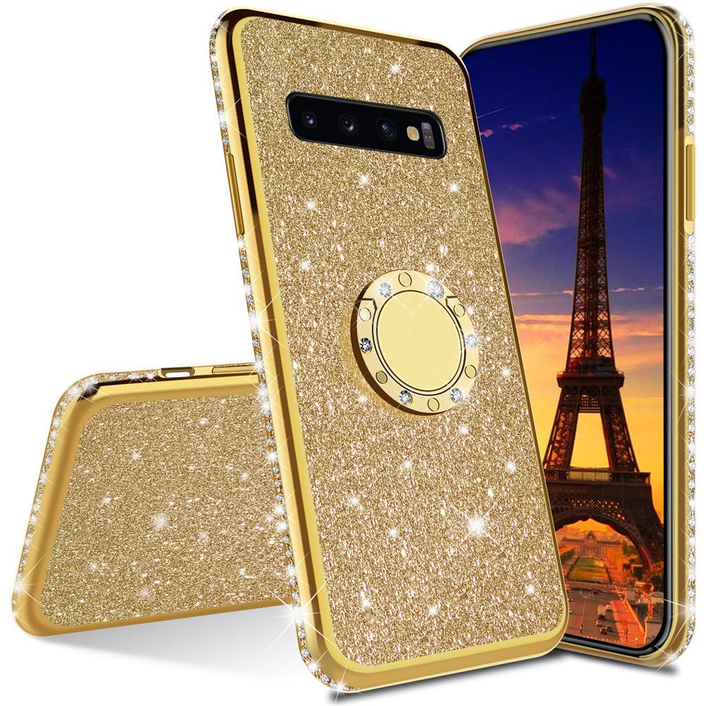 Sparkly Pink Glitter Rhinestone Bling Case for Samsung Galaxy S10 - Cute Girly Diamond TPU Protective Cover with Ring Kickstand (Gold) | Perfect for Everyday Use, Parties & Gifts
