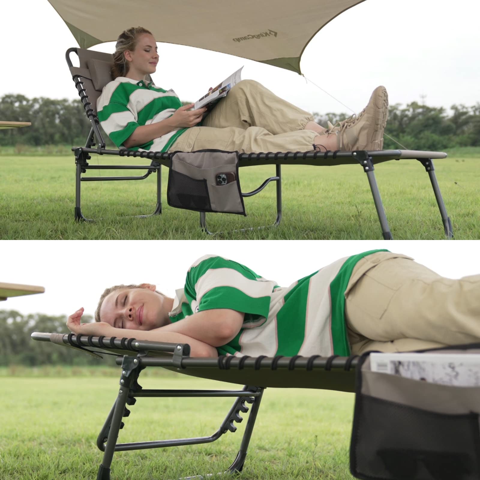 KingCamp Folding Adjustable Patio Chaise Lounge Chair - Heavy Duty Portable Outdoor Recliner for Pool, Beach, Sunbathing, Deck & Lawn - Lay Flat Foldable Camping Cot with Pillow - Perfect for Relaxing, Travel & Backyard Lounging