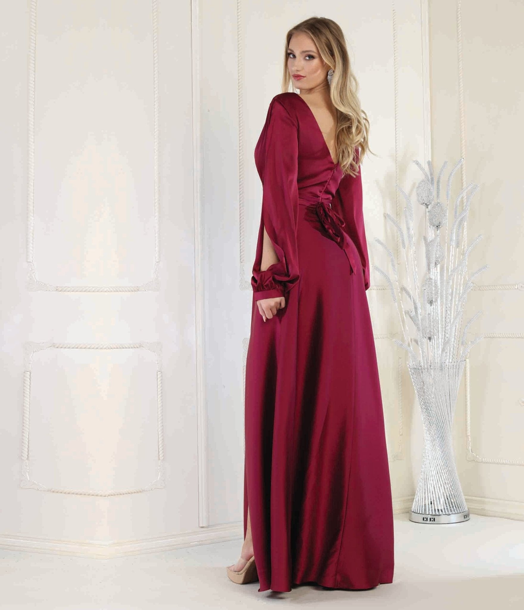 Elegant Magenta Satin Long Sleeve Evening Gown for Women - Formal Dresses for Prom, Wedding Guest, Cocktail Party & Special Occasions