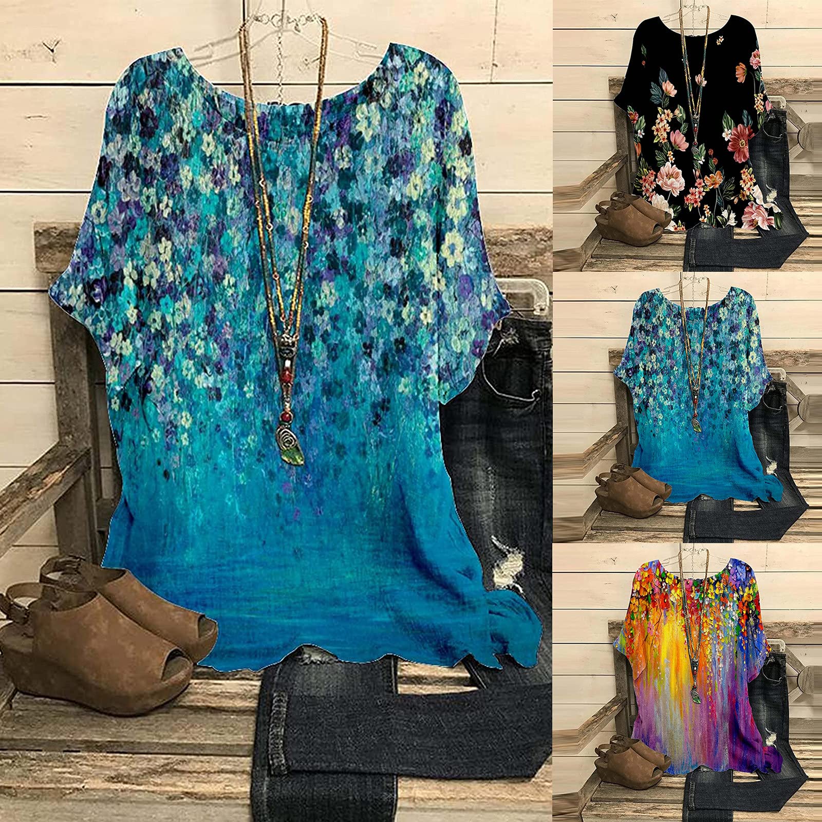 Women's Oversized T-Shirts - Casual Plus Size O-Neck Printed Loose Button Tunic Blouse Tops | Flowy Shirts for Everyday Wear, Lounge & Street Style