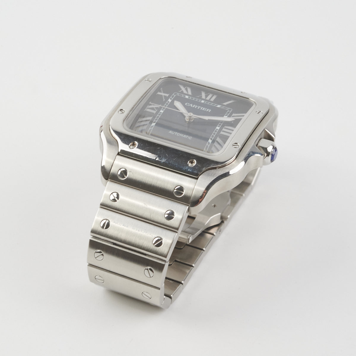 Cartier Santos Watch for Men - Luxury Stainless Steel Dark Navy Dial Automatic Watch - Perfect for Business, Formal Events & Gifting